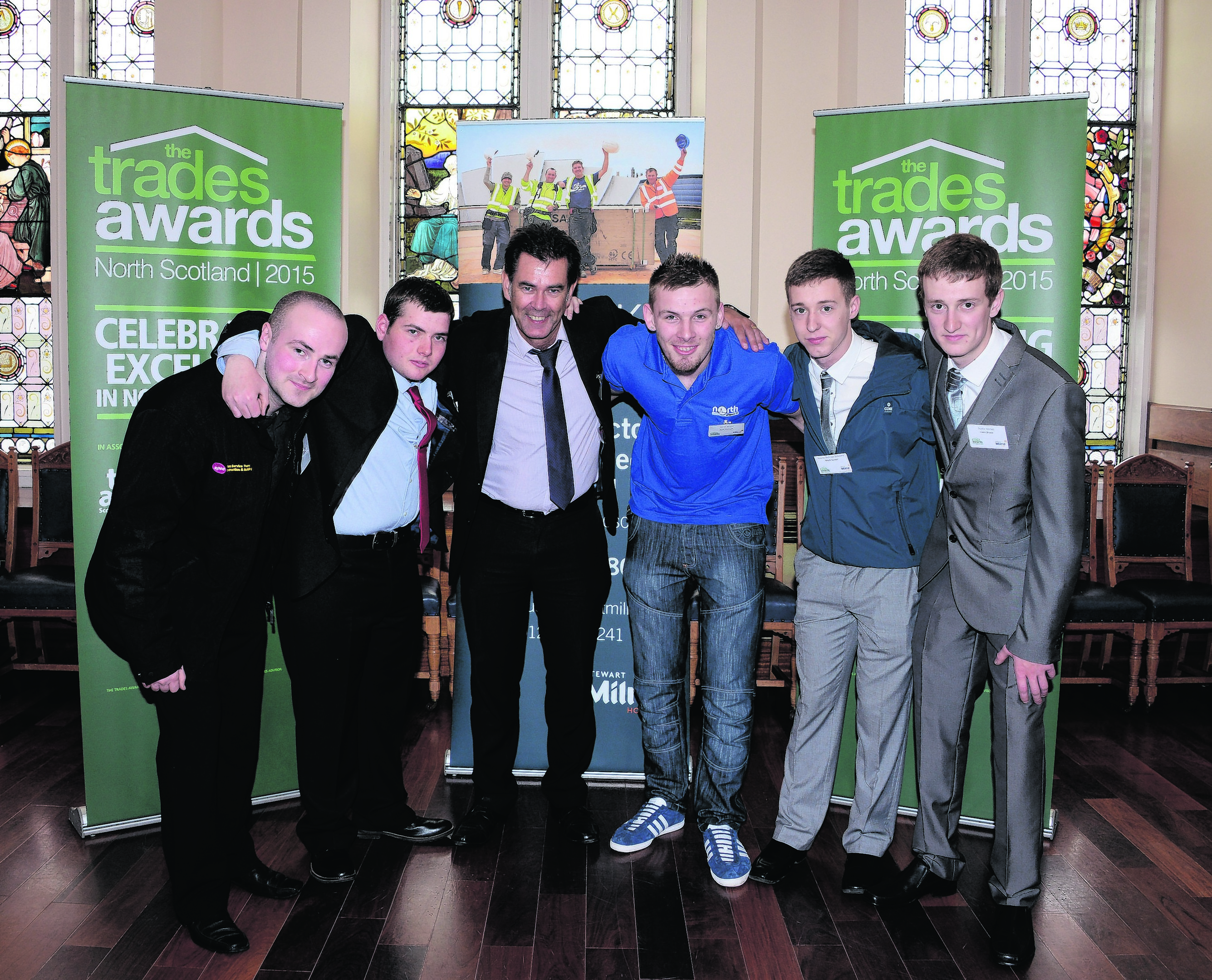 The Trades Awards 'Apprentice of the Year' finalists appear with one of the judges, Neil Thomson, construction director at Stewart Milne Group (Awards Main Sponsor).