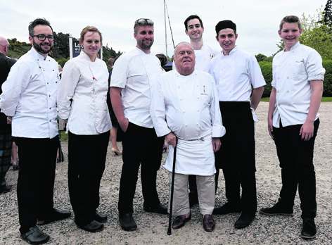 Chefs Will Torrent, Mikaela Wright, Mike Mathieson, Albert Roux, Alistair Birt, Gary Millar and Ronan Mellons at the Maggie’s Highlands 10th birthday celebrations