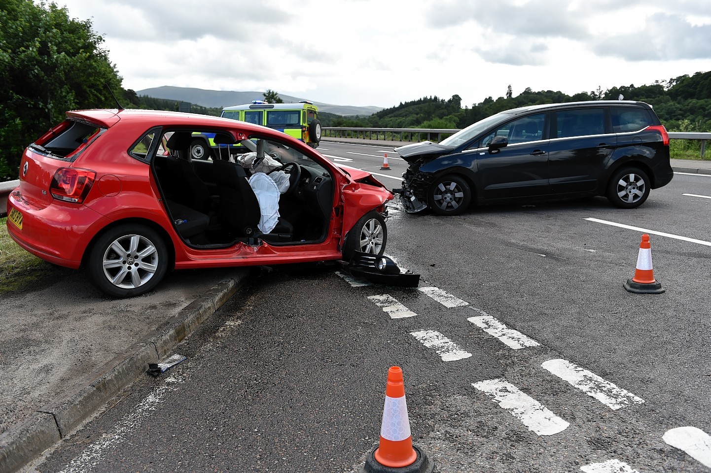 The collision between two cars on the A95 at the Craigellachie junction. Picture by Gordon Lennox