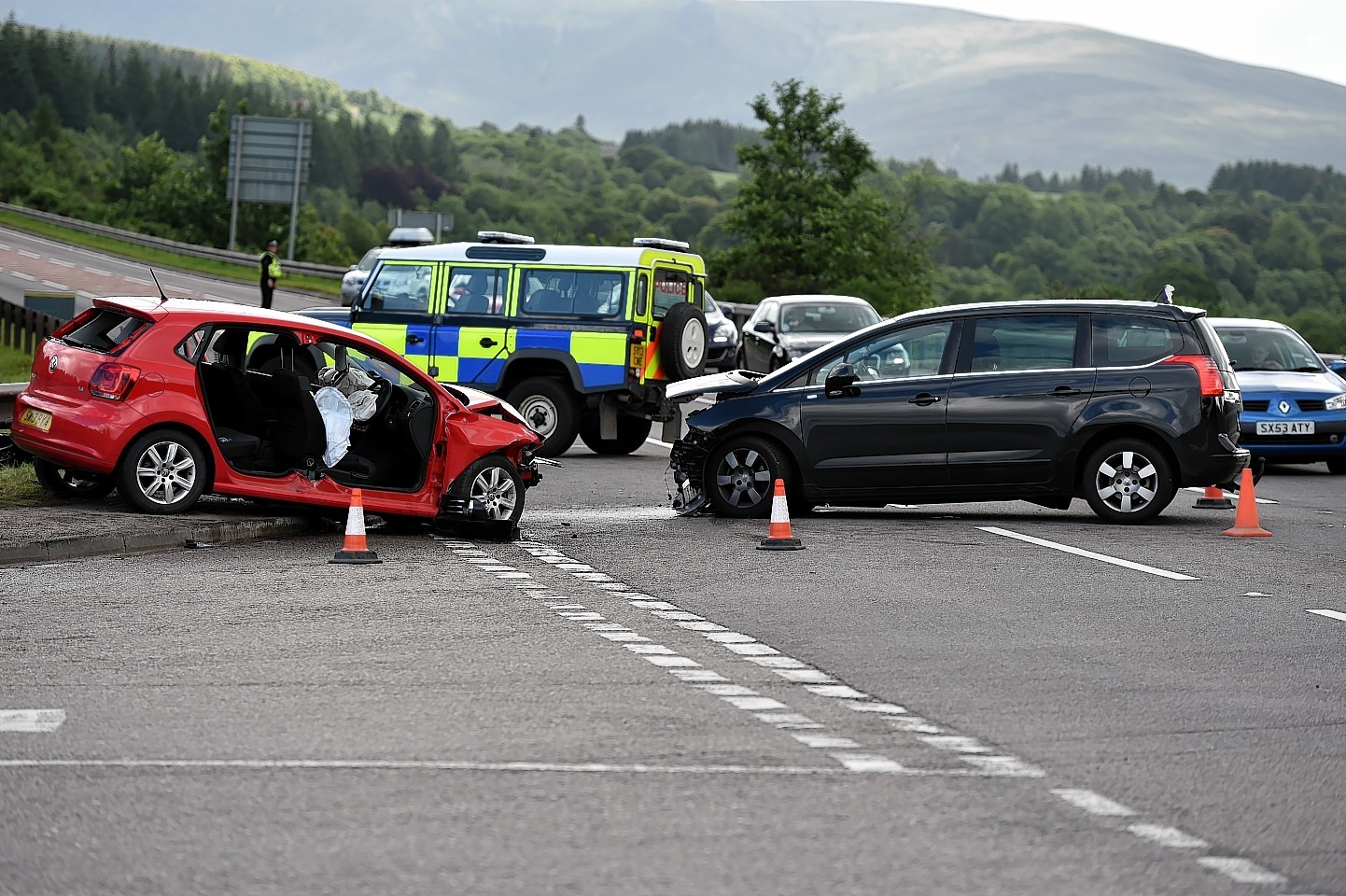 The collision between two cars on the A95 at the Craigellachie junction. Picture by Gordon Lennox