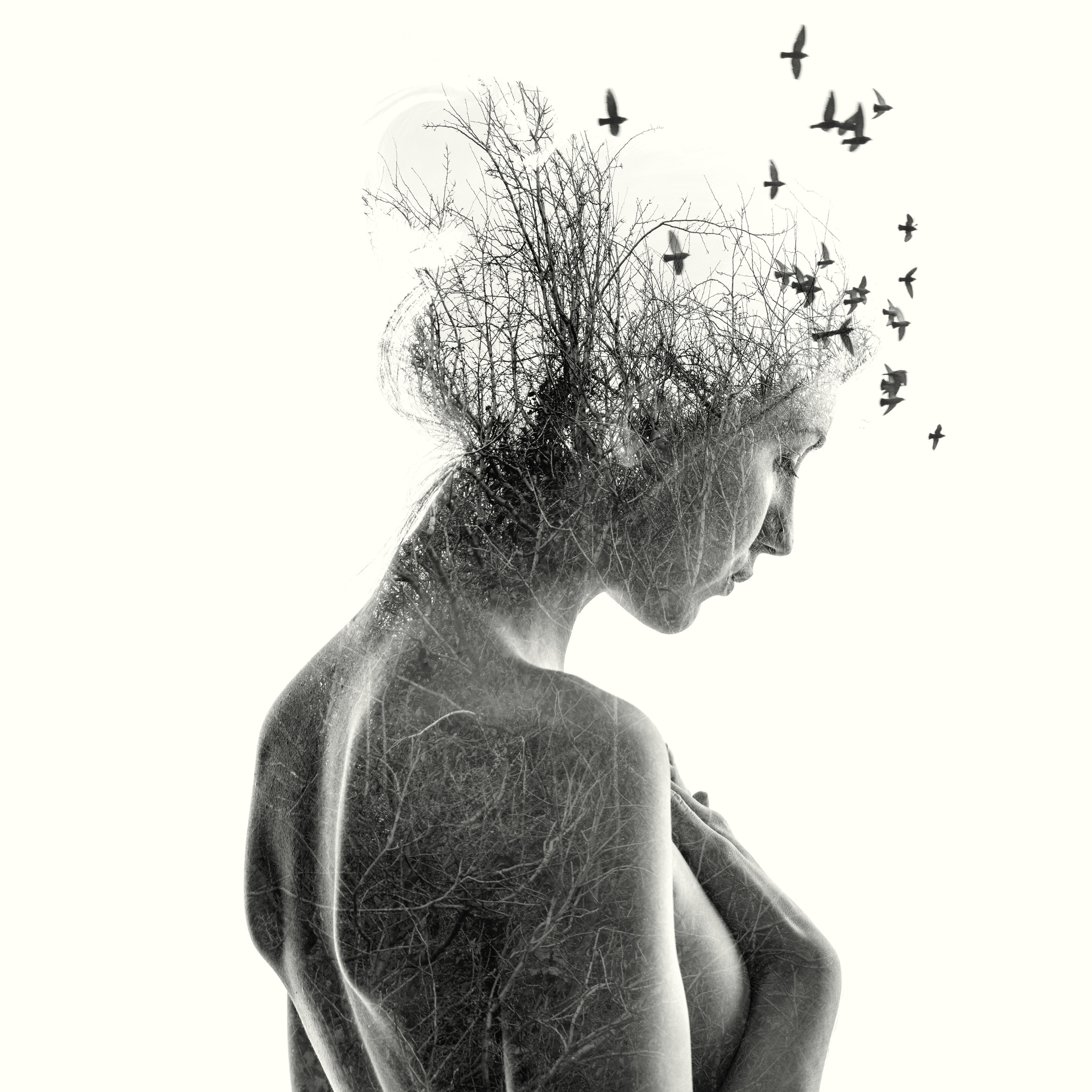 Mr. Winram's artwork melds black and white photography of women with scenes from nature