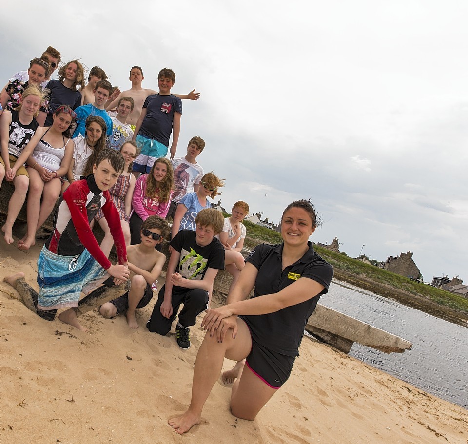 Gemma Fay with pupils from Lossiemouth High for the school's Baywatch Day.