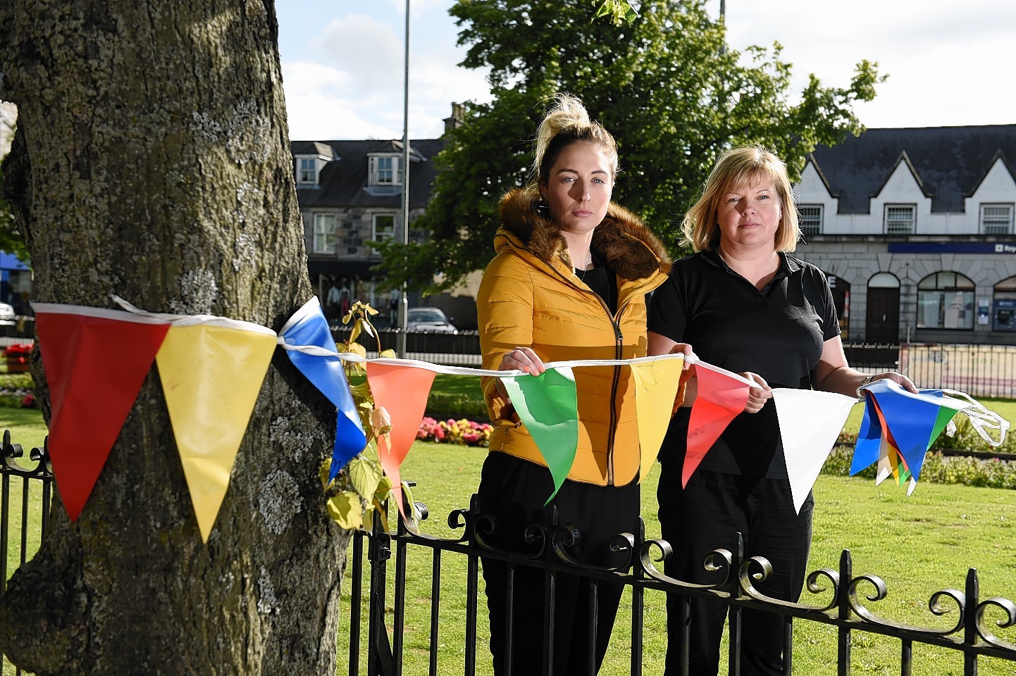 Aberdeenshire council officers have forced traders group Inverurie4U to take down their bunting down as they didnt have consent.
Picture of (L-R) Cheryl Rogerson and Judy Whyte.