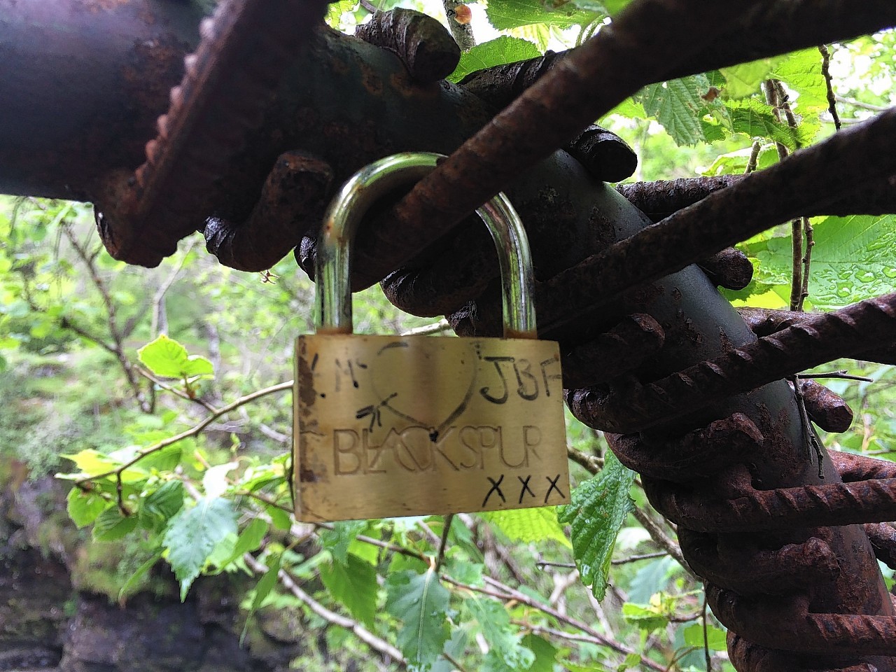 A love lock stuck to a new viewing installation called Woven Sound at the Falls of Falloch at Loch Lomond