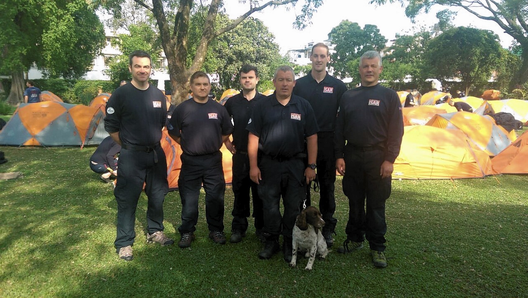 Scottish Fire and Rescue Service's UKISAR team in Nepal (from left to right) John Aitchison, Danny Gall, Steve Nicoll, Garry Caroll & Diesel, Martin Vardy and Martyn Ferguson