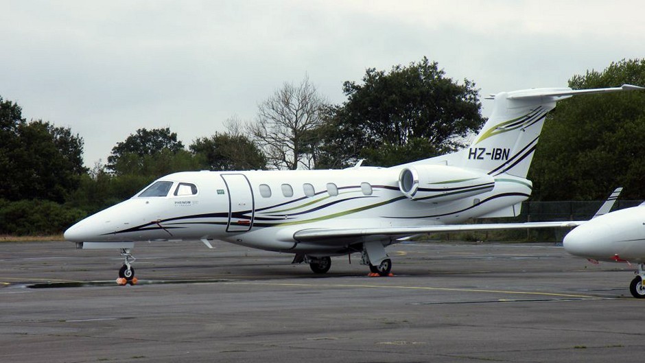 The Phenom 300 jet believed to be the aircraft that crash-landed into a car auction site at Blackbushe Airport in Hampshire (Robert Belcher/PA)