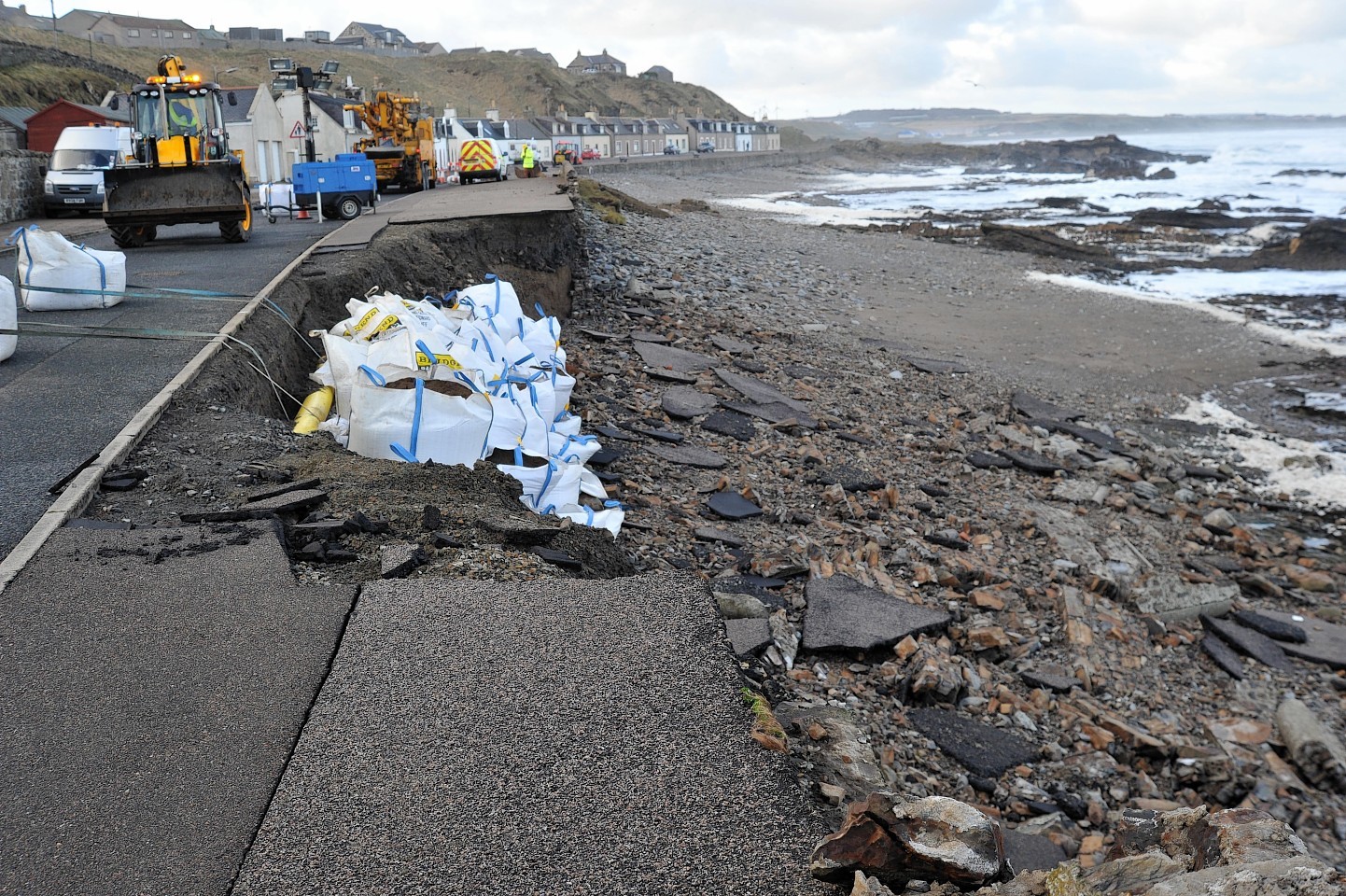 Sandbags protect the gas main at Scotstoun, Banff, where the sea wall was demolished