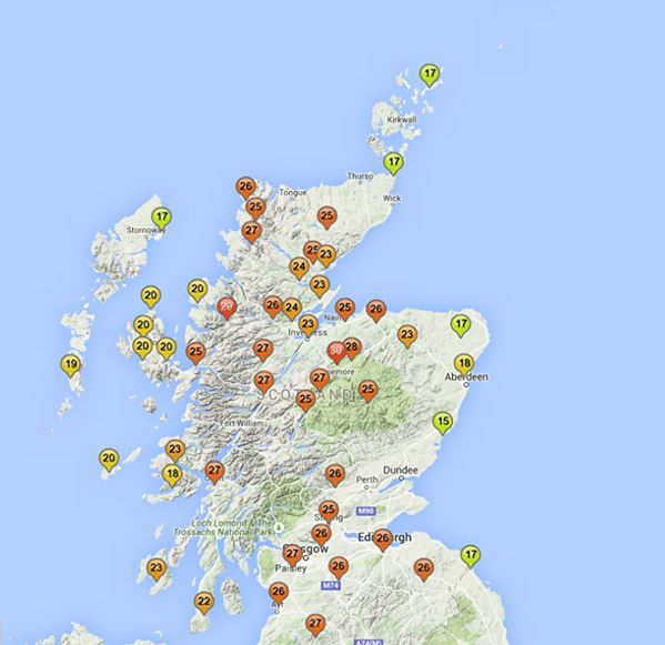 This map of Scotland suggest Aviemore is the place to be today