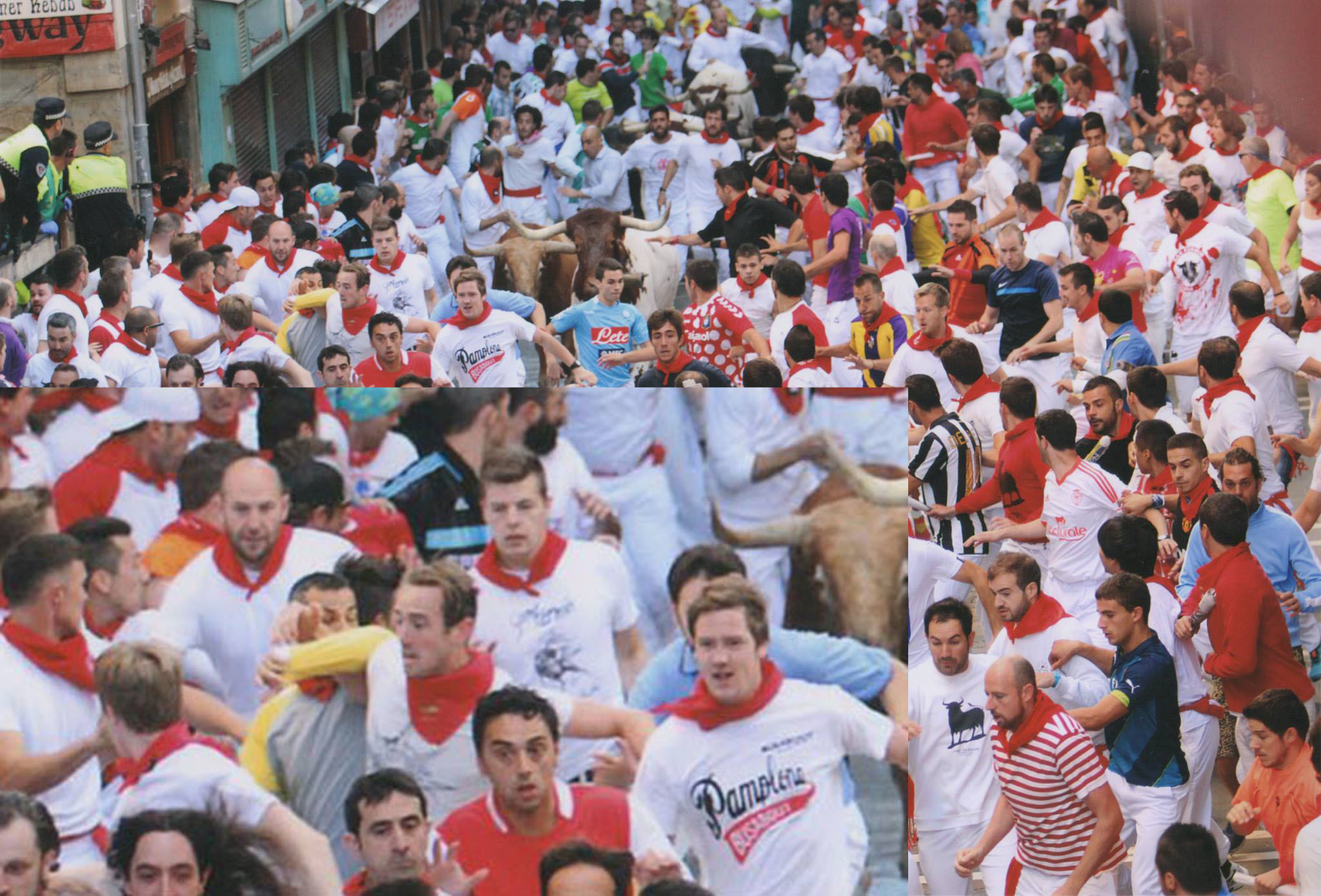 Tom Robertson, pictured, during the running of the bulls at the San Fermin festival following his 1,200-mile cycle from Scotland to Pamplona