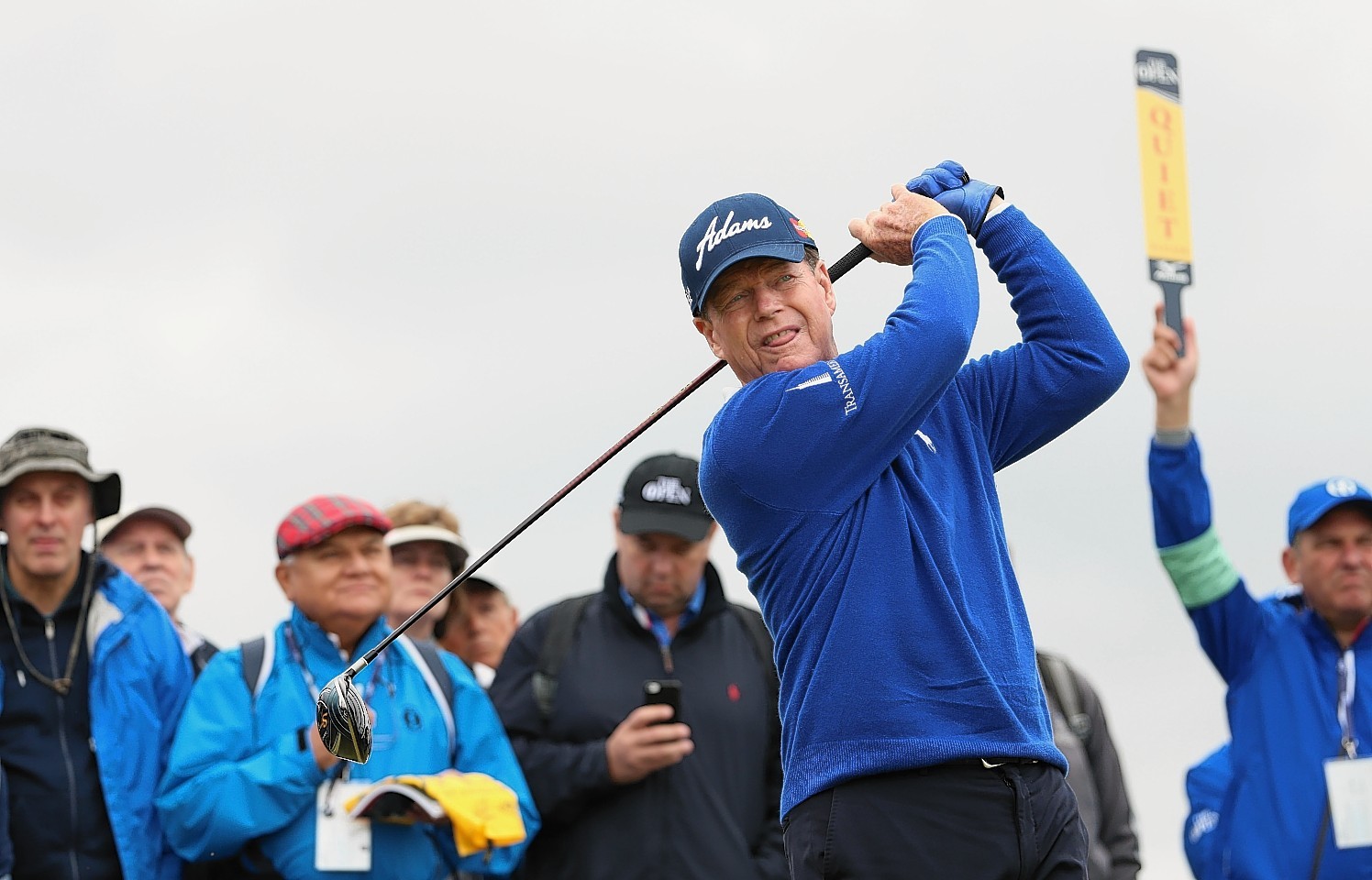 Tom Watson of the United States tees off during a practice round ahead of the 144th Open Championship at The Old Course