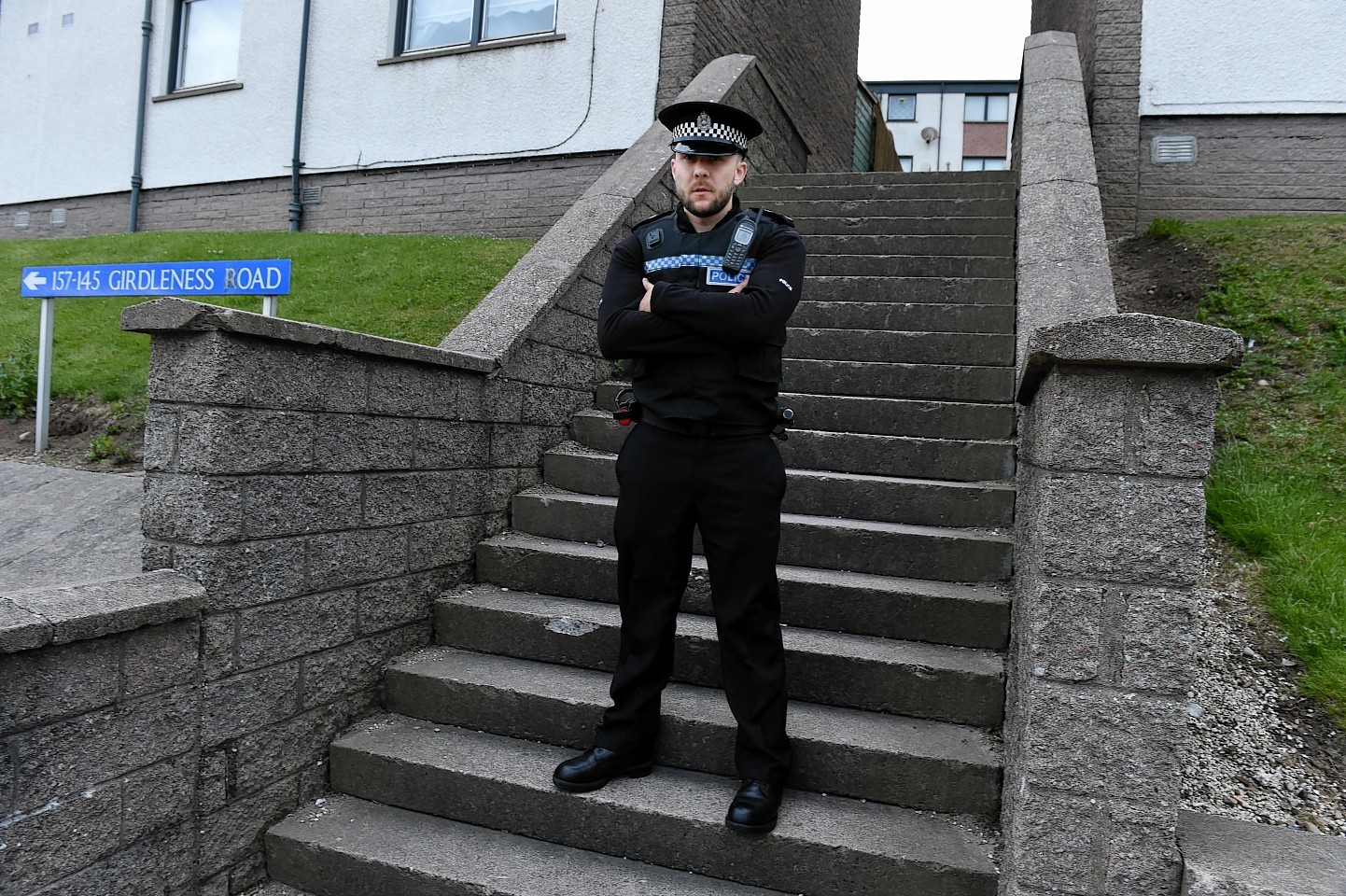 Sergeant, Martyn Thomson at the steps where the OAP fell. 
Picture by Jim Irvine