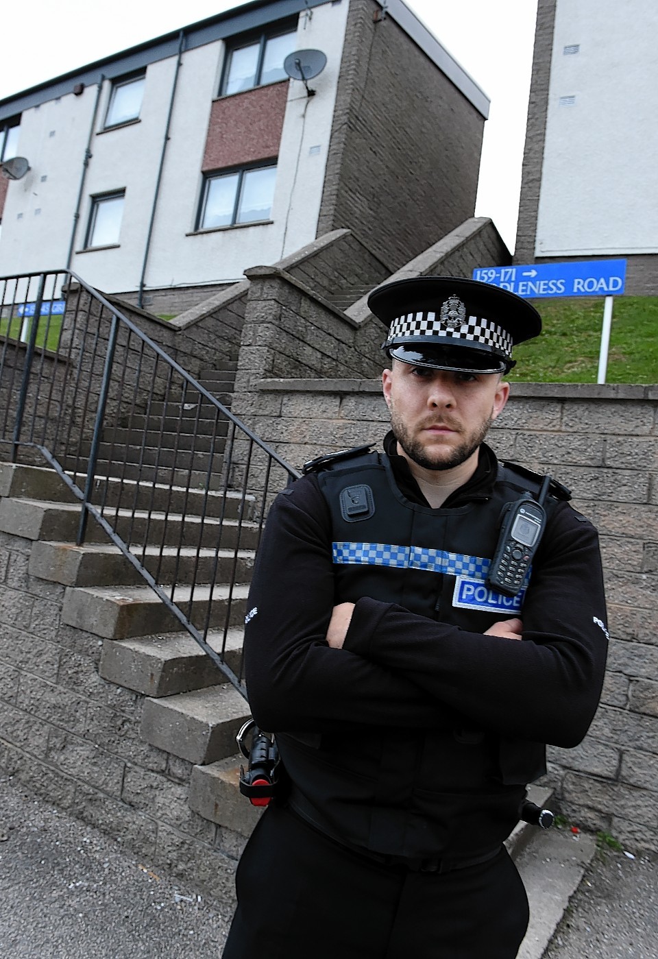Sergeant Martyn Thomson at the steps where the man fell and the thief struck. Picture by Jim Irvine
