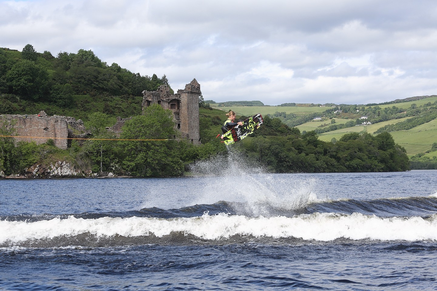 Wakeboarder Adam Errington performs tricks on Loch Ness