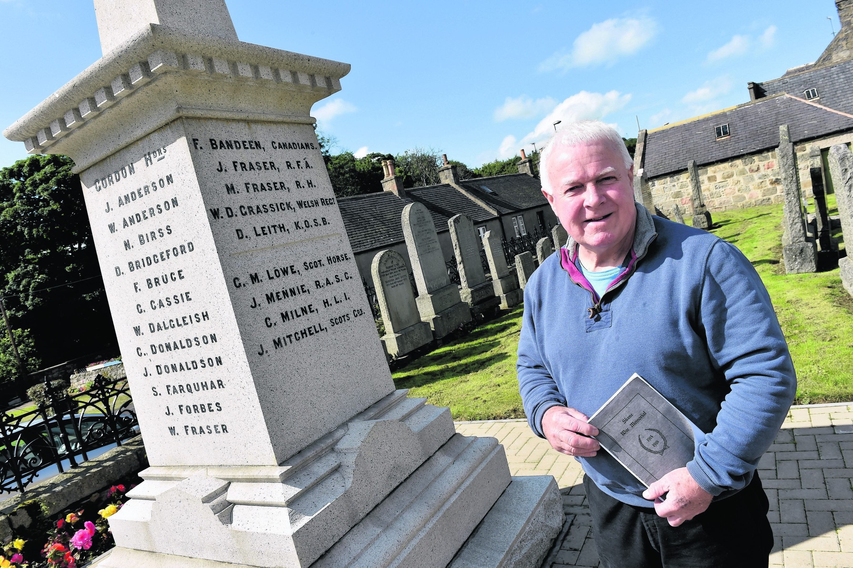 Kirkton of Skene Churchyard where a war memorial has had a name removed. Colin Johnston who is researching the name that was removed (T Livingstone) 