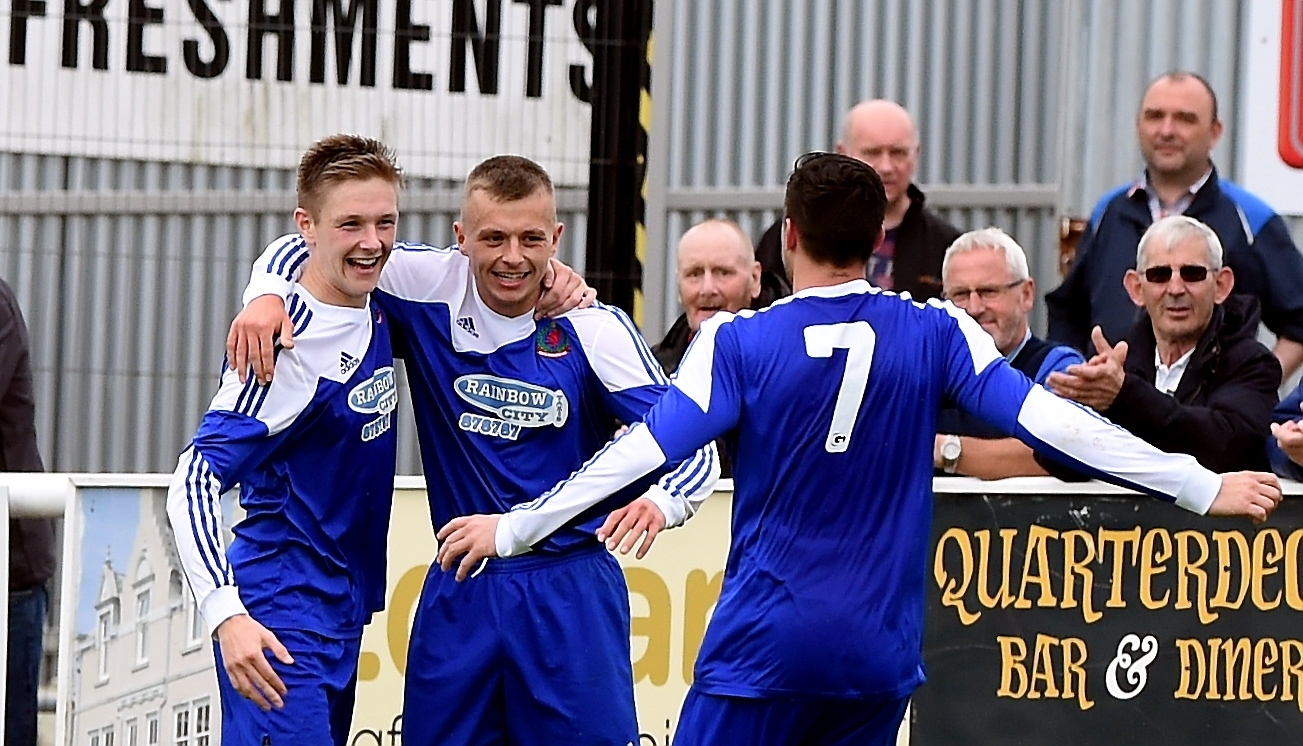 Cove's Daryl Nicol celebrates after scoring his first goal. Picture by Kevin Emslie.