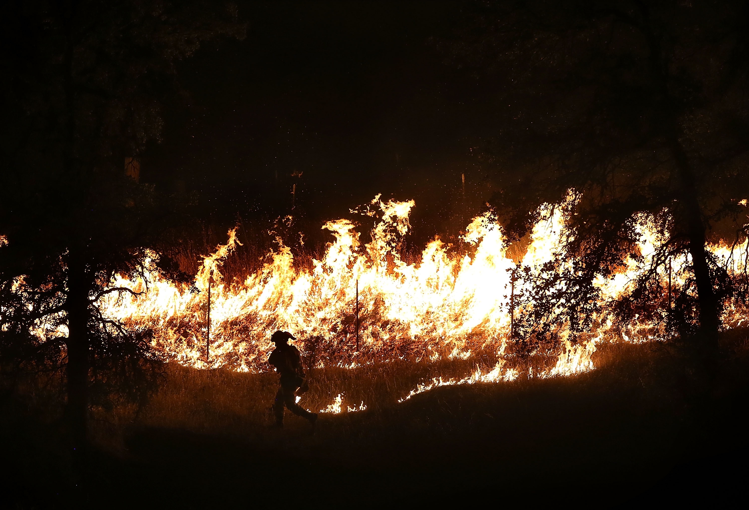 Bo uses a drip torch to start a backfire. This is a North American technique used in infernos of this scale.  Fire is started deliberately to stop the progress of an approaching fire by creating a burned area in its path.