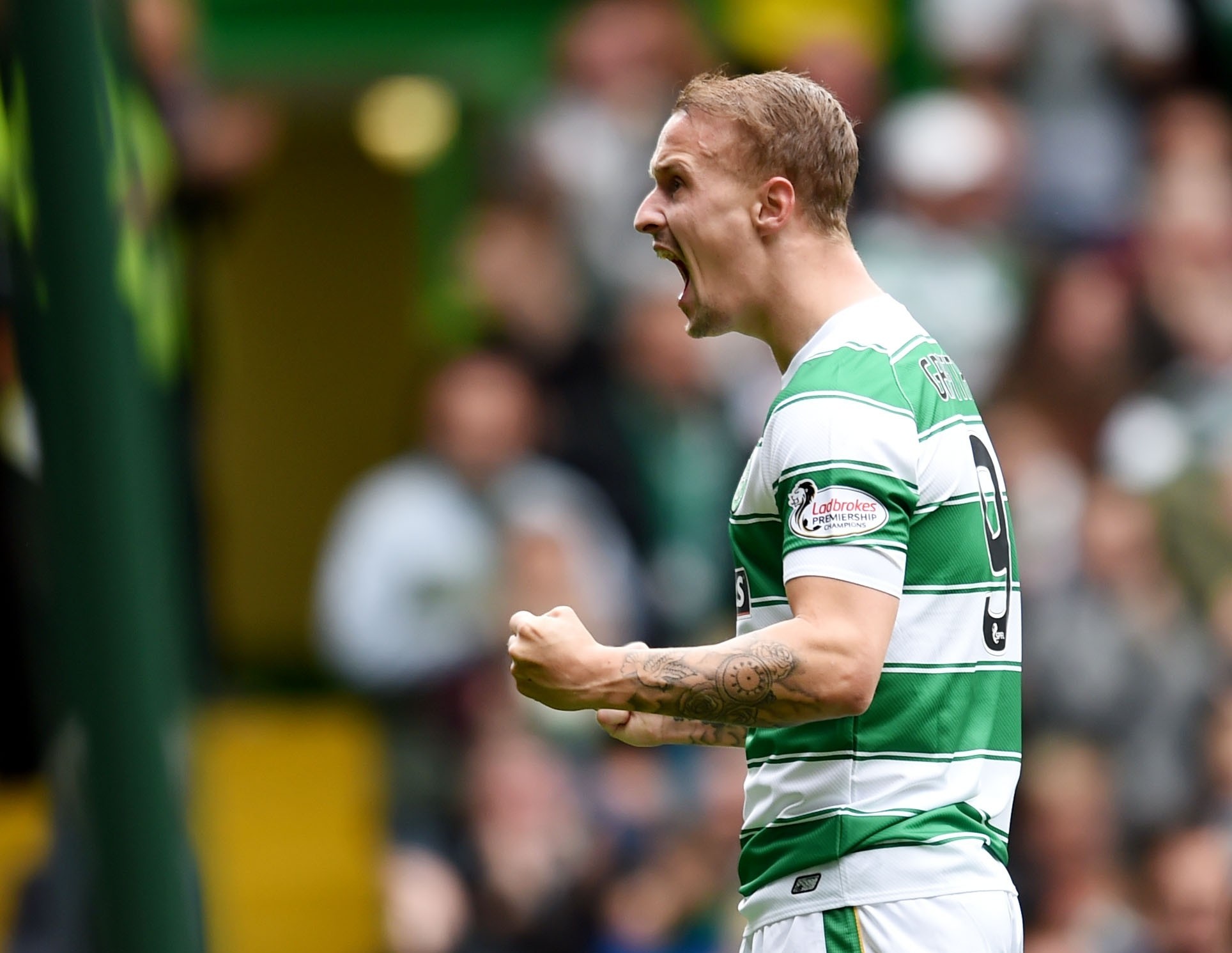 Leigh Griffiths celebrates after doubling Celtic's lead in the first half
