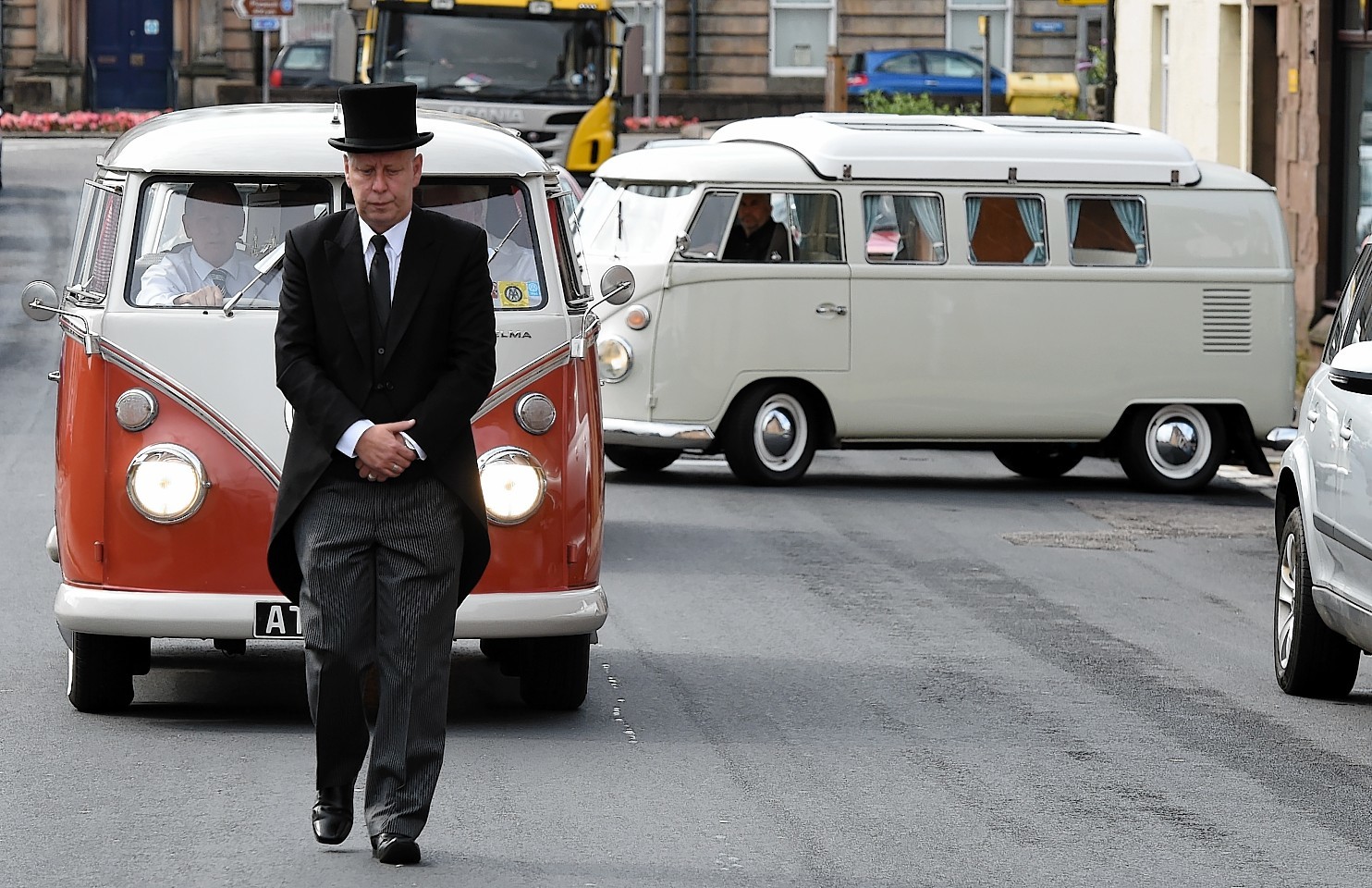 John Swingler leads Tom Bruce's funeral procession  in his best friends beloved campervan.     Picture by Kami Thomson