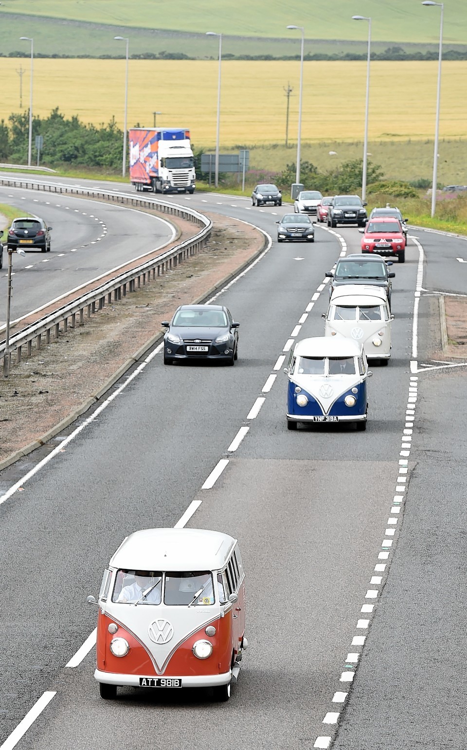 Tom Bruce's "last ride" as his best friend John Swingler takes his coffin from Stonehaven to Aberdeen Crematorium in the oil worker's beloved VW van, Velma. Picture: Kami Thomson.