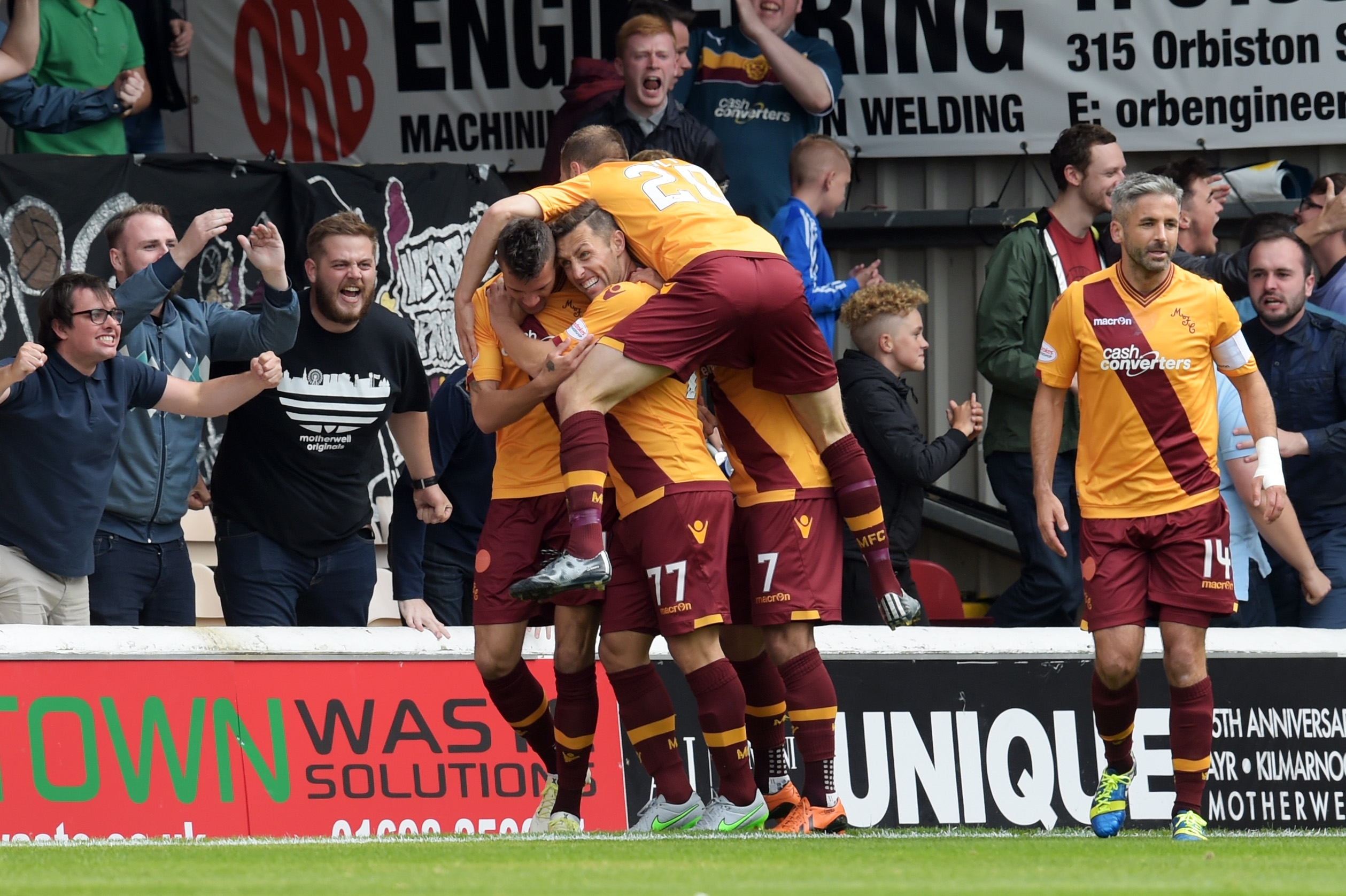 Motherwell's Marvin Johnson (left) celebrates his goal with his team-mates