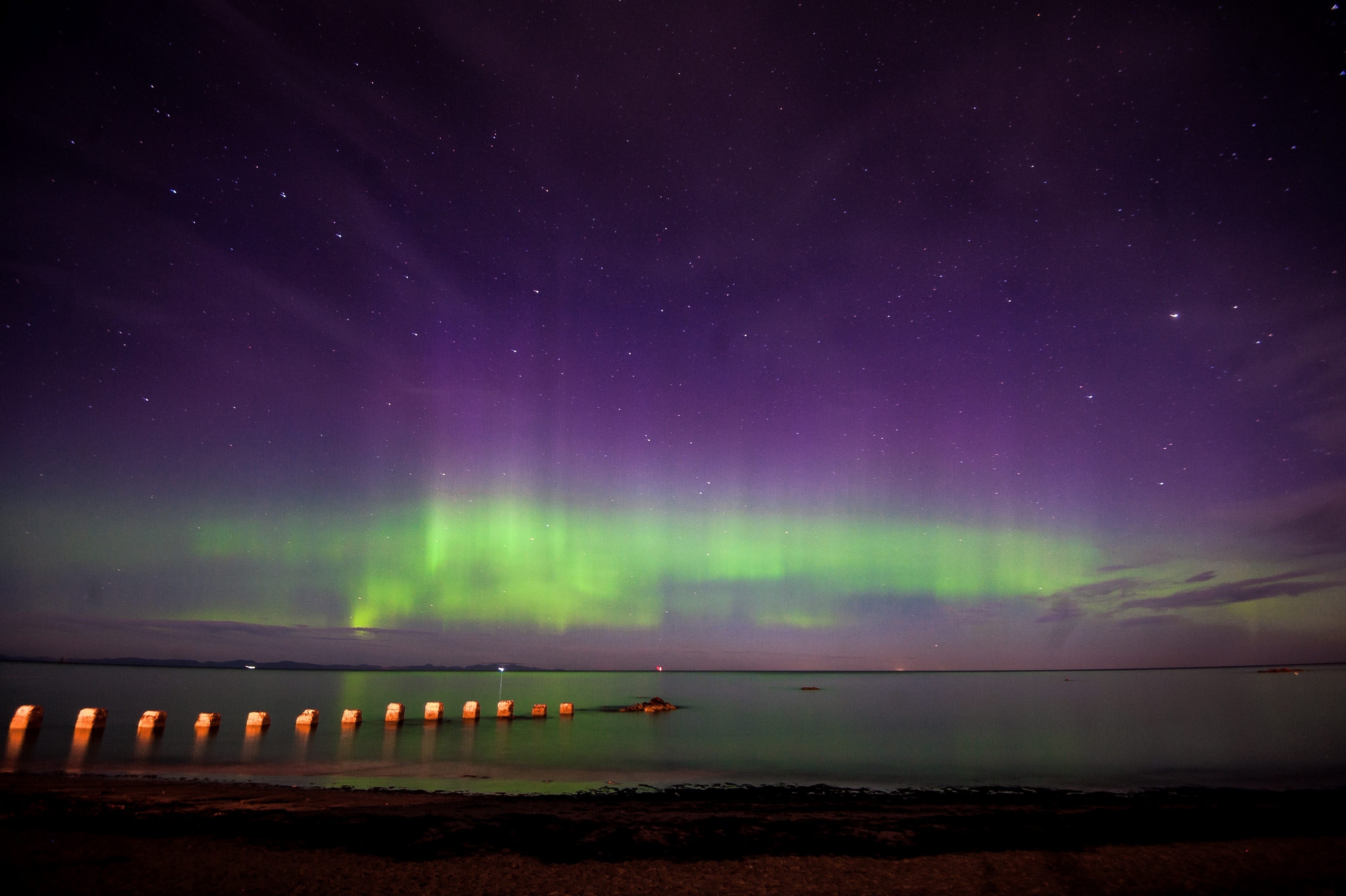 The Heavenly Dancers are seen over the West Beach in Lossiemouth