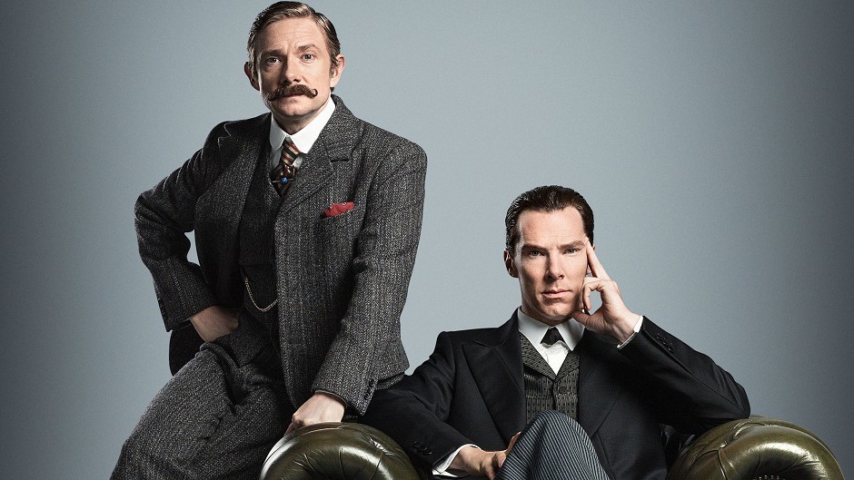 Benedict Cumberbatch and Martin Freeman in period costume ahead of the forthcoming Sherlock Special made for BBC One by Hartswood Films