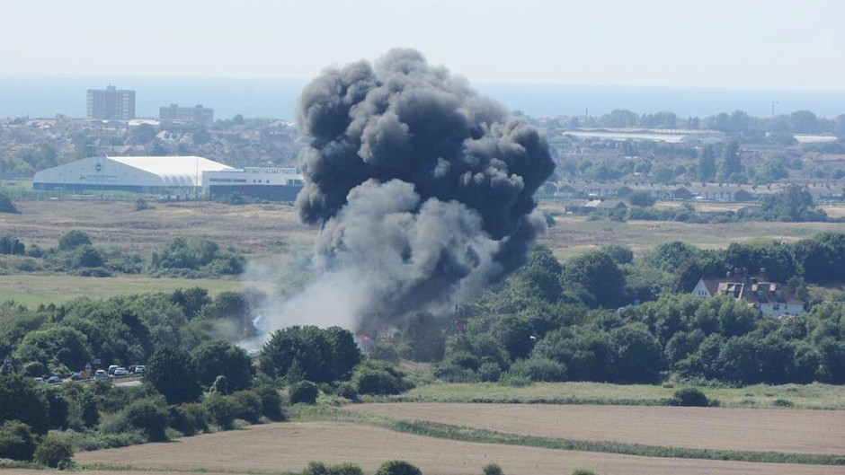 The scene of the crash involving a plane near Shoreham Airshow in West Sussex (@keirstanding/PA Wire)