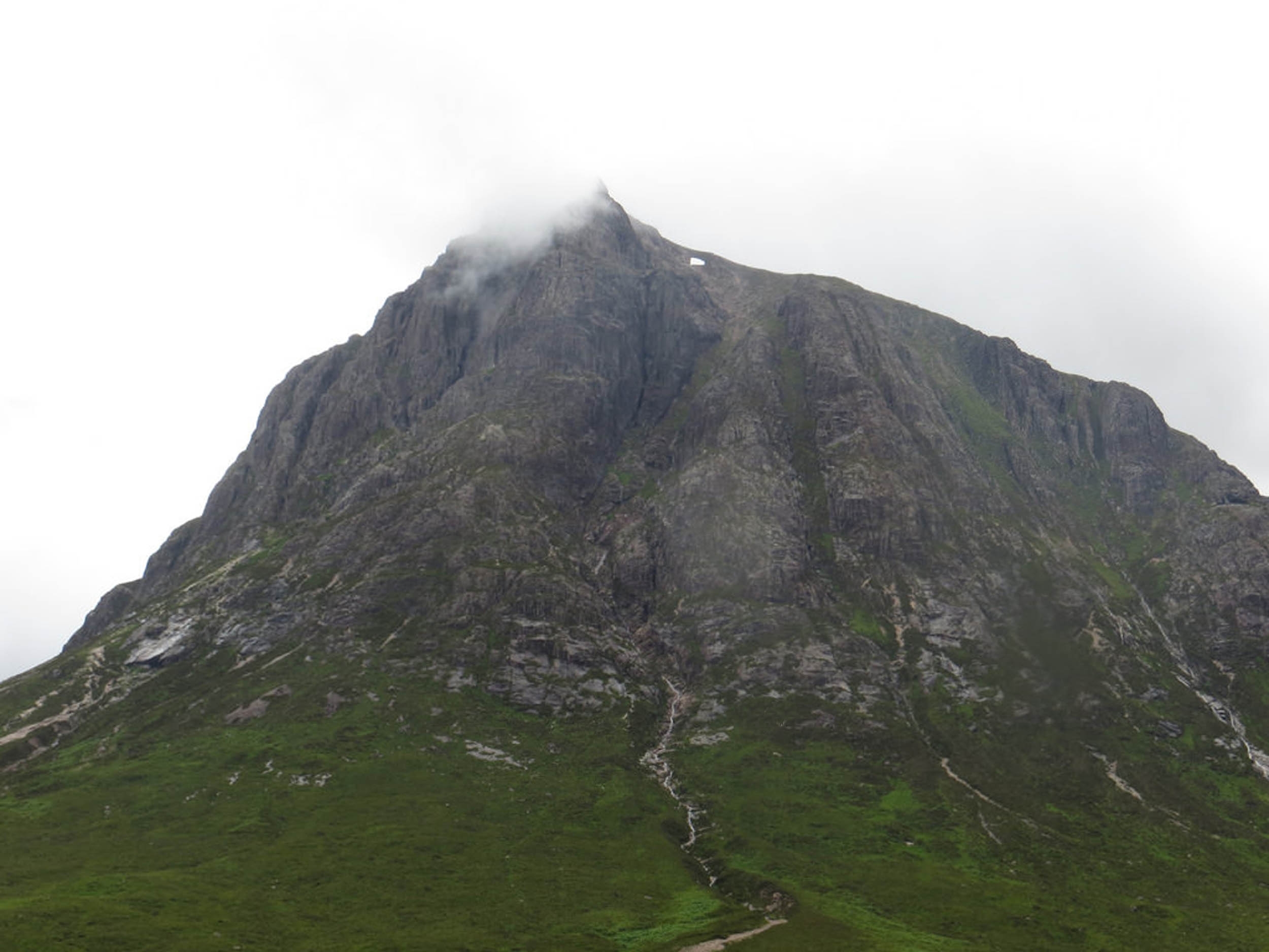 The rare sight of a patch of snow clinging to iconic Buachaille Etive Mor, Glencoe, in August.