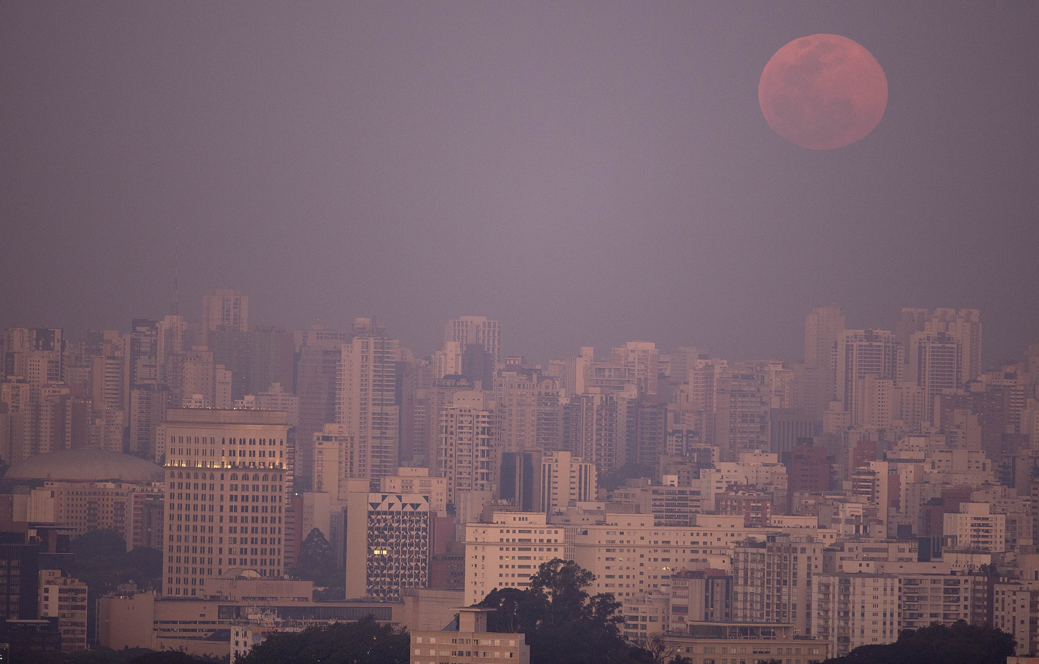 A supermoon rises over the skyline in Sao Paulo, Brazil, Saturday, Aug. 29, 2015. 