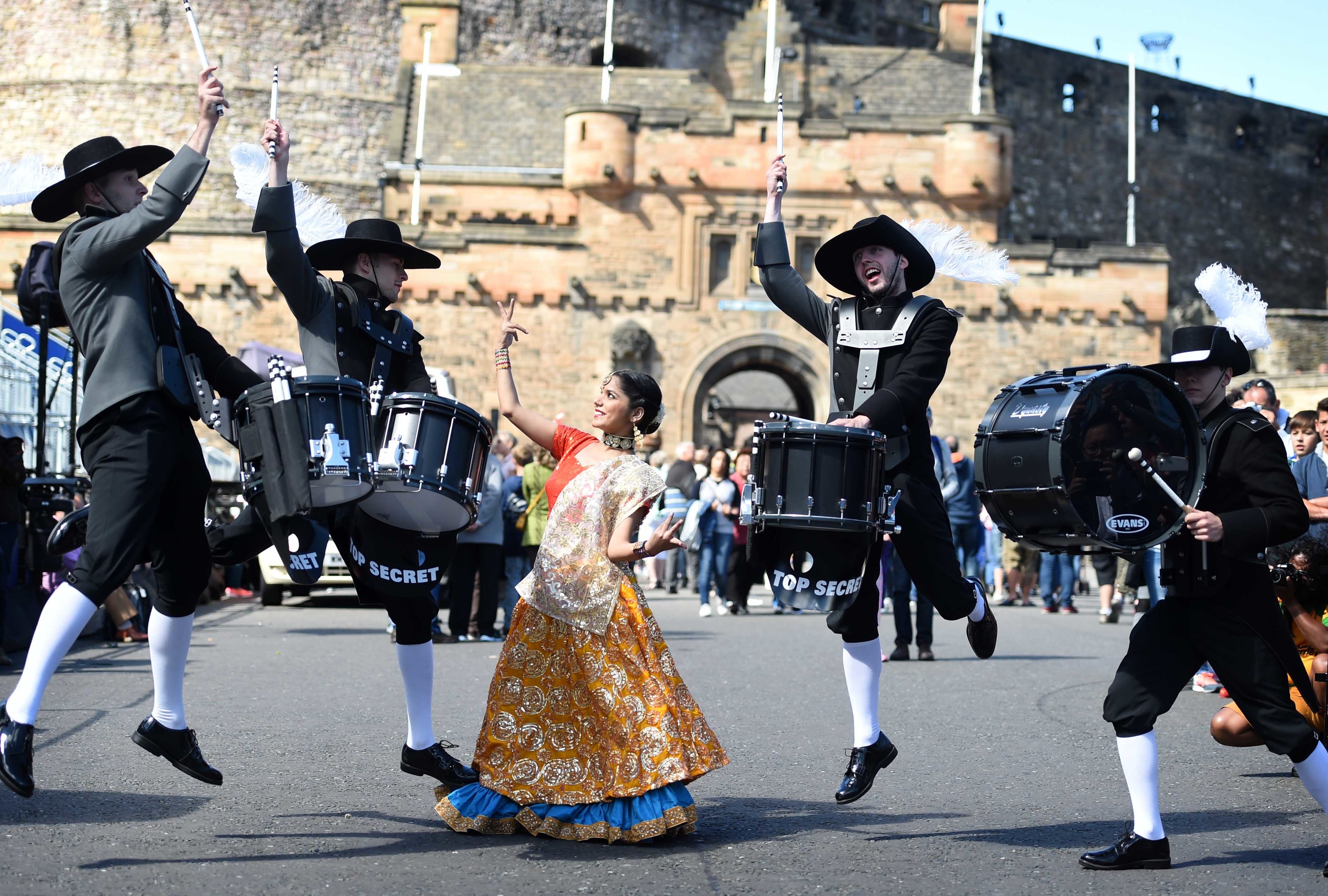Bollywood meets Top Secret Drums at the launch of the 2015 Royal Edinburgh Military Tattoo.  East Meets West 