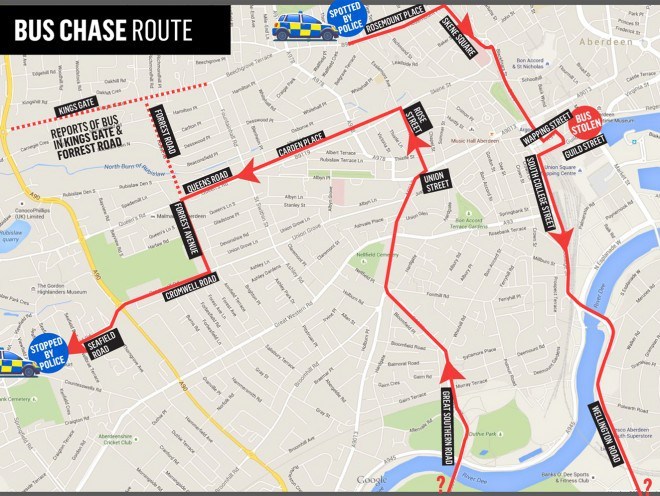 The map shows the route the stolen bus was taken on 