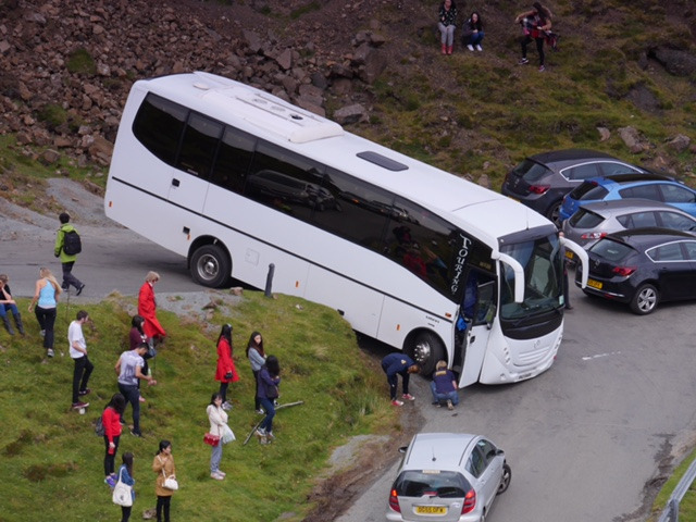 The bus got stuck whilst taking a corner on the road in Skye