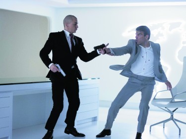 Rupert Friend, left, and Zachary Quinto battle it out in Hitman: Agent 47