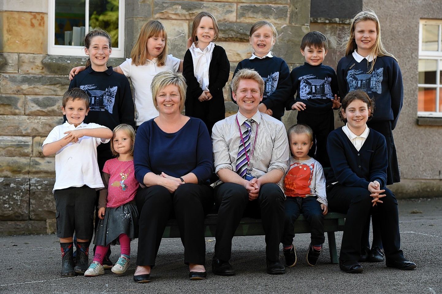 Auchenblae Primary School nursery nurse Sharon Massie and teacher John Forrester with pupils. Picture by Kenny Elrick 