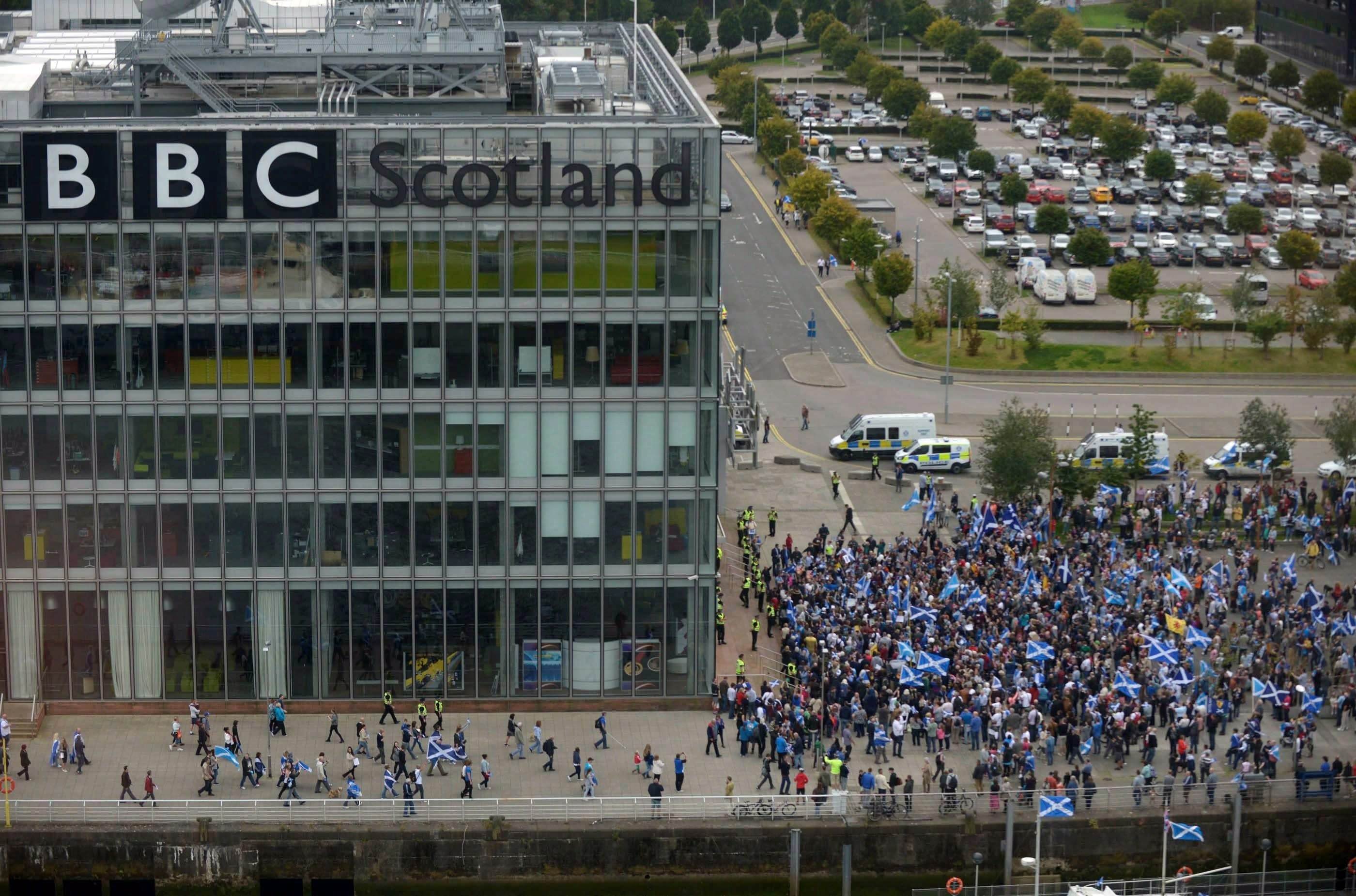 September 2014: Thousands of protesters outside BBC Scotland complaining of biased against the BBC over its coverage of the independence referendum.  