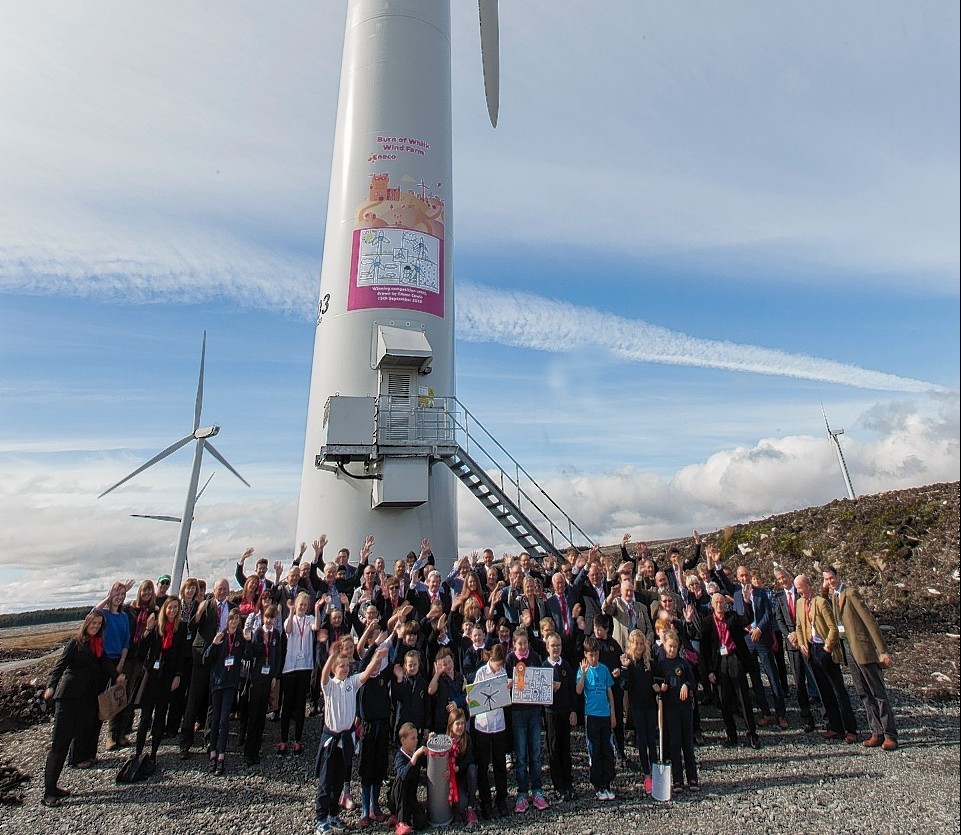 Pipils from Thrumster and Lybster primary school and other guests at the opening of the Burn of Whilk Windfarm