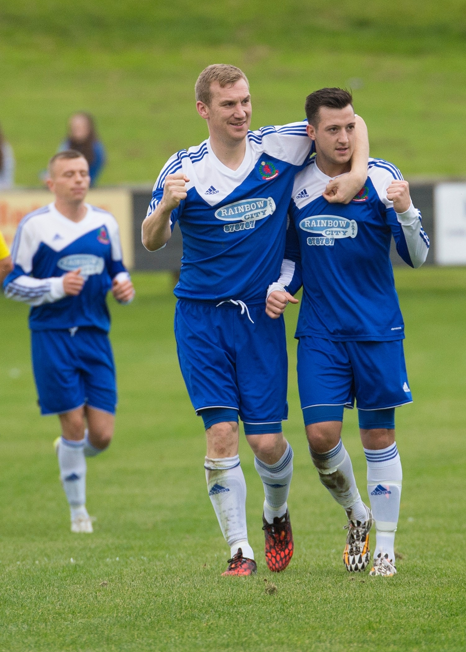 Cove's Eric Watson celebrates with goal scorer Connor Scully