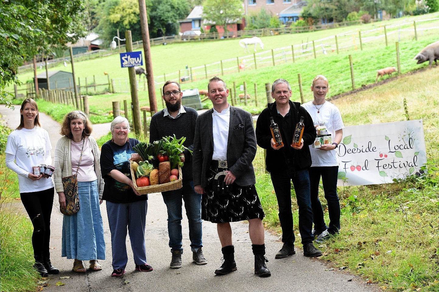 At Newton Dee village, L-R Sarah Misra, organiser, Juliette Pauer of Newton Dee Bakery, Linda Esson of Newton Dee Confectionary, Benjamin Baar of Newton Dee Store, The Kilted Chef, Craig Wilson, of Eat on the Green, John Sorrie of Ola Oils and Rachel Gambro, organiser.     Picture by Kami Thomson  