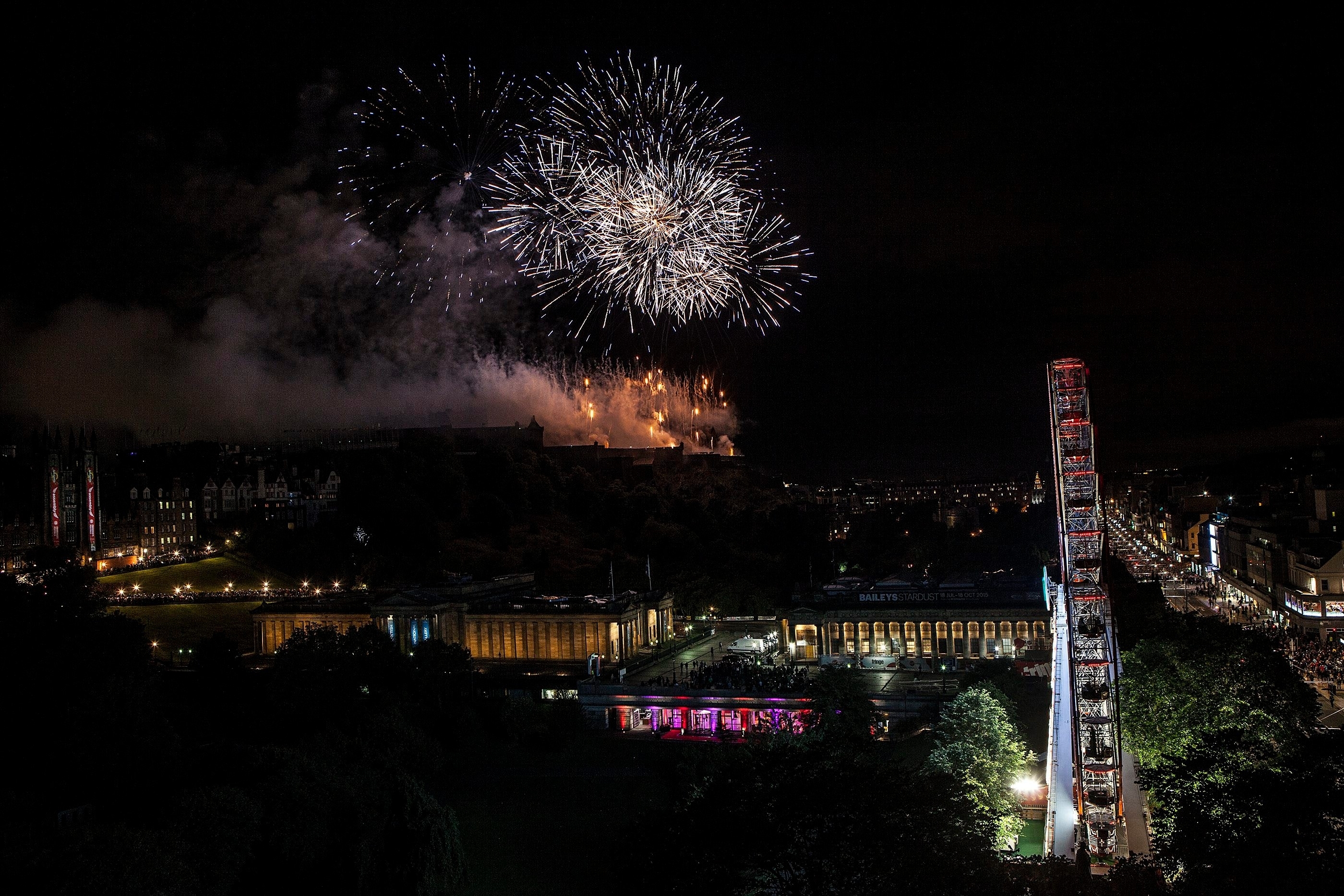 Fireworks light up the sky over Edinburgh to mark the end of the Festivals. The display closes the festival season with a 45 minute concert and more than 400,000 fireworks, choreographed to live orchestral music against the backdrop of Edinburgh Castle. August 31 2015