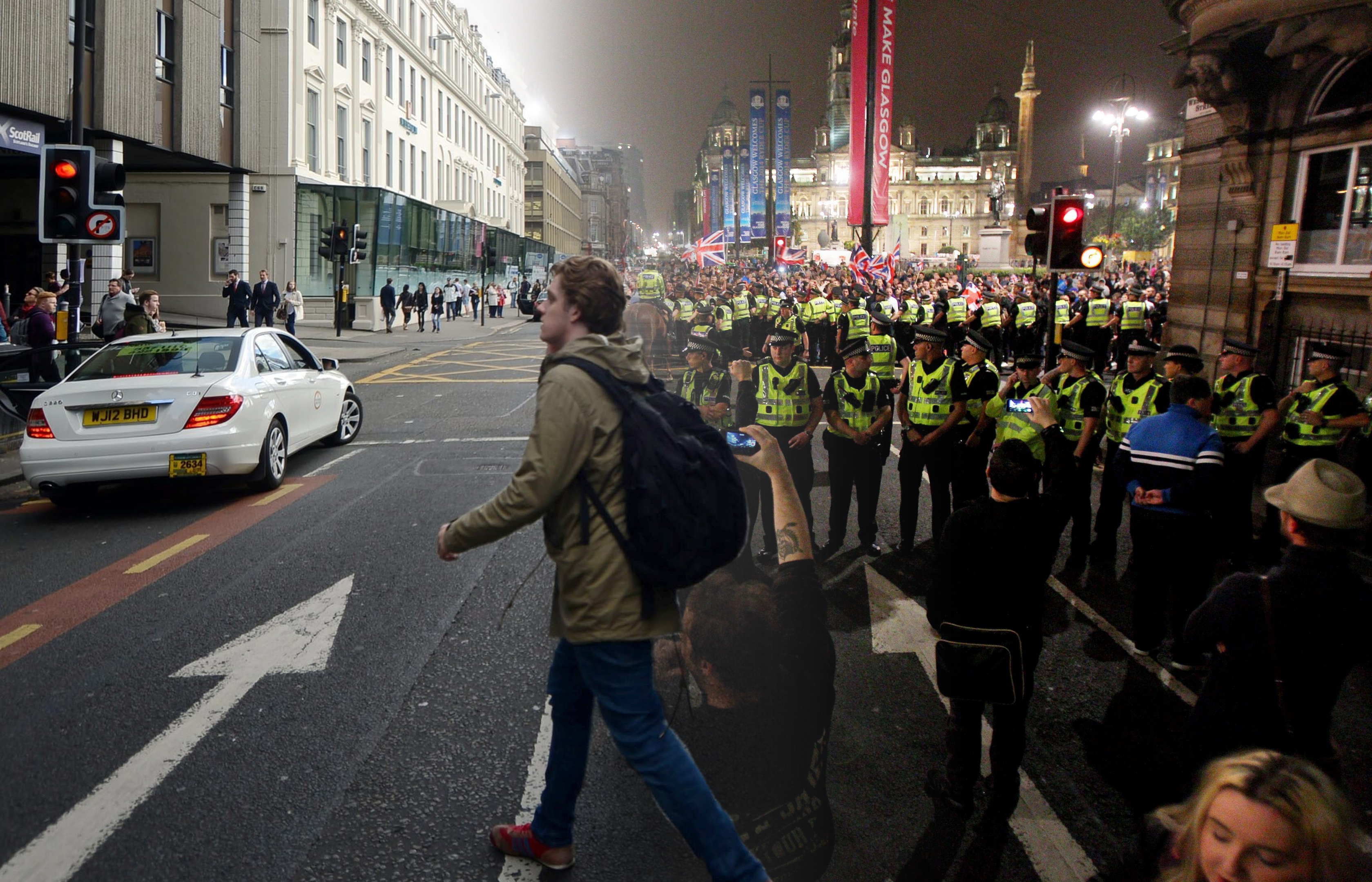 Then and now: Police stand guard at George Square as a confrontation between Yes and No supporters threatens to descend into violence 