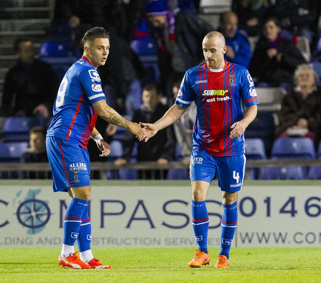 James Vincent (right) is congratulated by team mate Miles Storey after opening the scoring for Inverness CT earlier this month