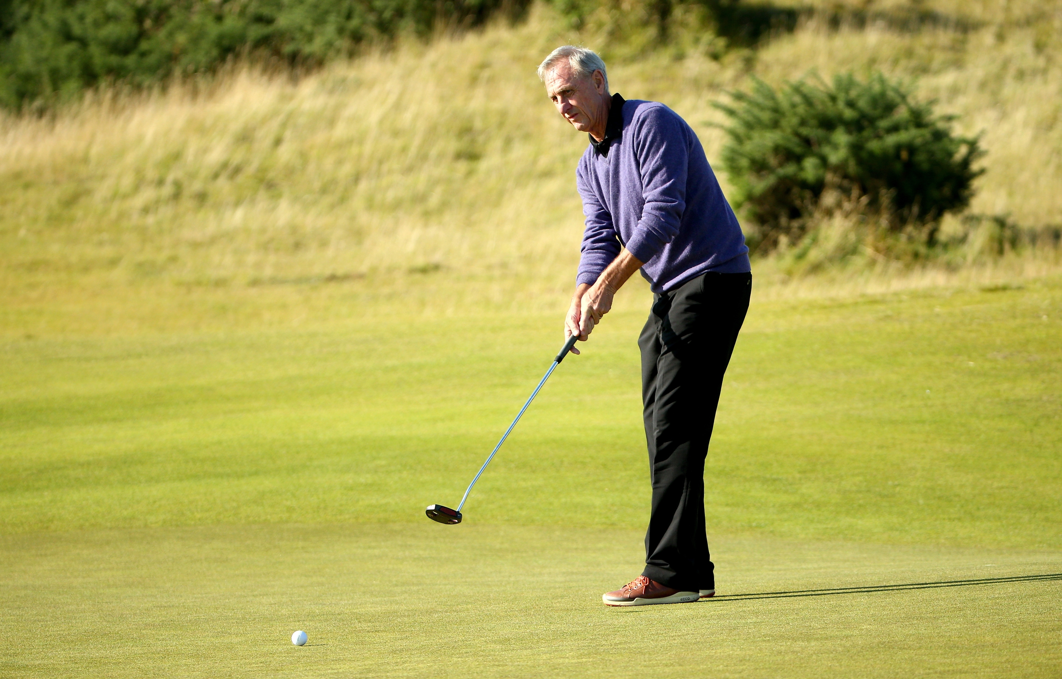 Dutch football legend Johan Cruyff during the first practice round of championship at the Kingsbarns Golf Links