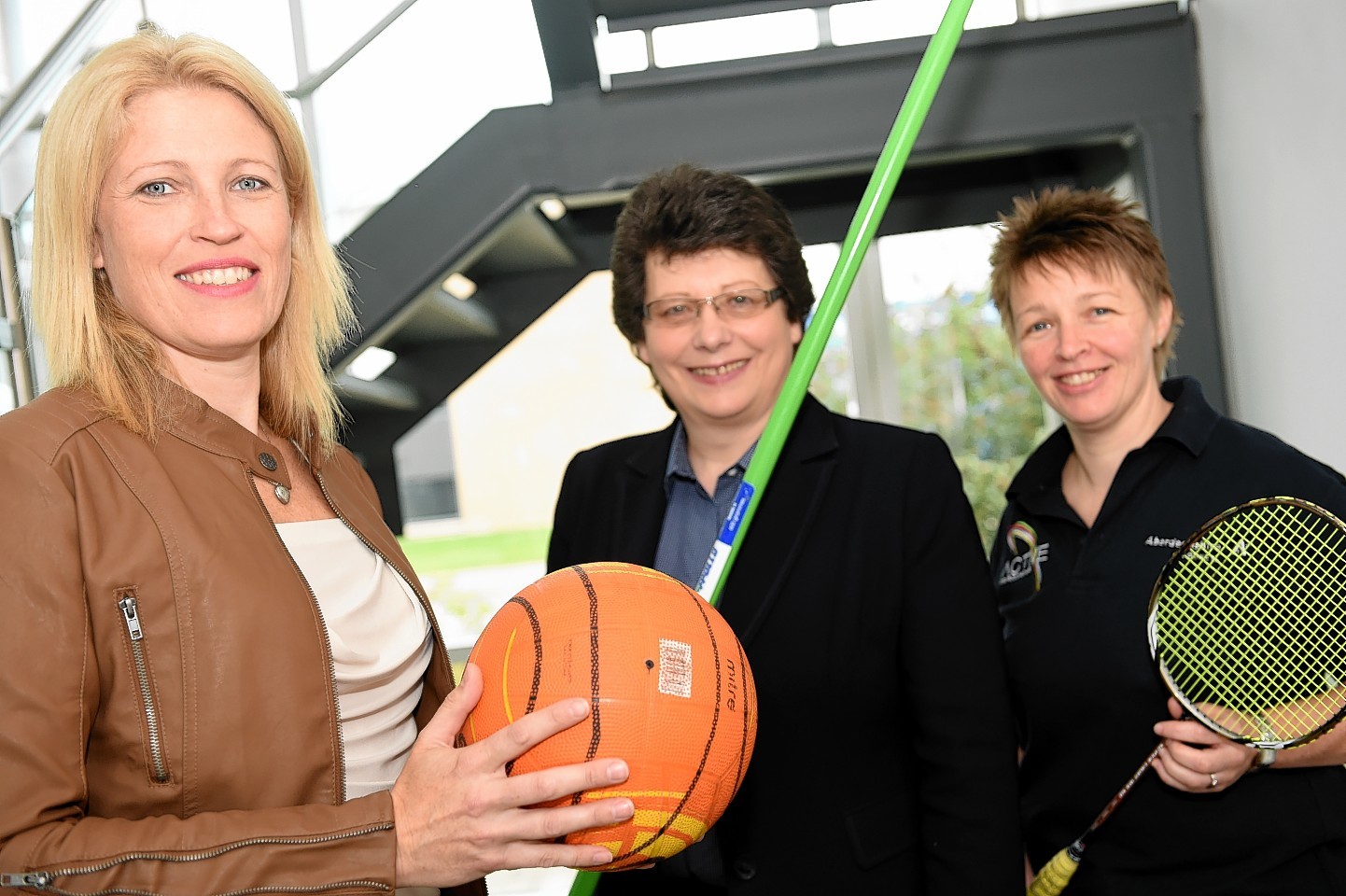 Kathryn Evans, who has been appointed as Project Manager, Moray Sports Centre, with Ann Rossiter, chairwoman of Sport Moray, and Angela Bell, Badminton Coach.
Picture by Gordon Lennox