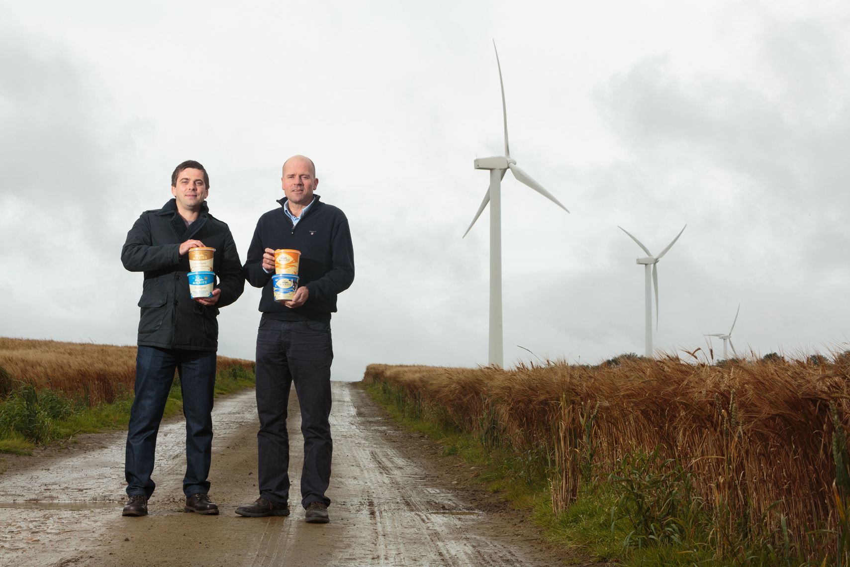 David Burr (left) and Maitland Mackie’s son Mac at Mackie’s Westertown farm in Aberdeenshire, which has its own renewable energy supply.