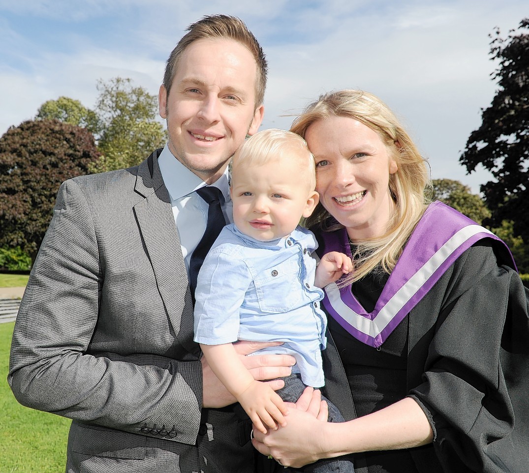 Graduate Michelle Smith, 33, with husband Richard, 33, and their 14-month old son, Finlay.