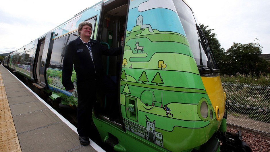 Train driver Yvonne Reid gets ready to try out a new Borders Railway train at Tweedbank station