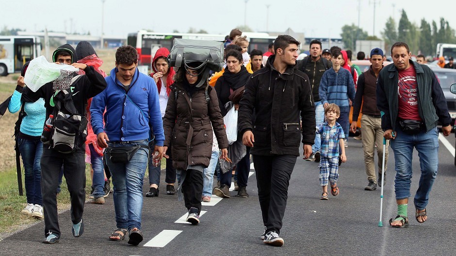 Refugees on the road between Austria and Hungary. (AP)