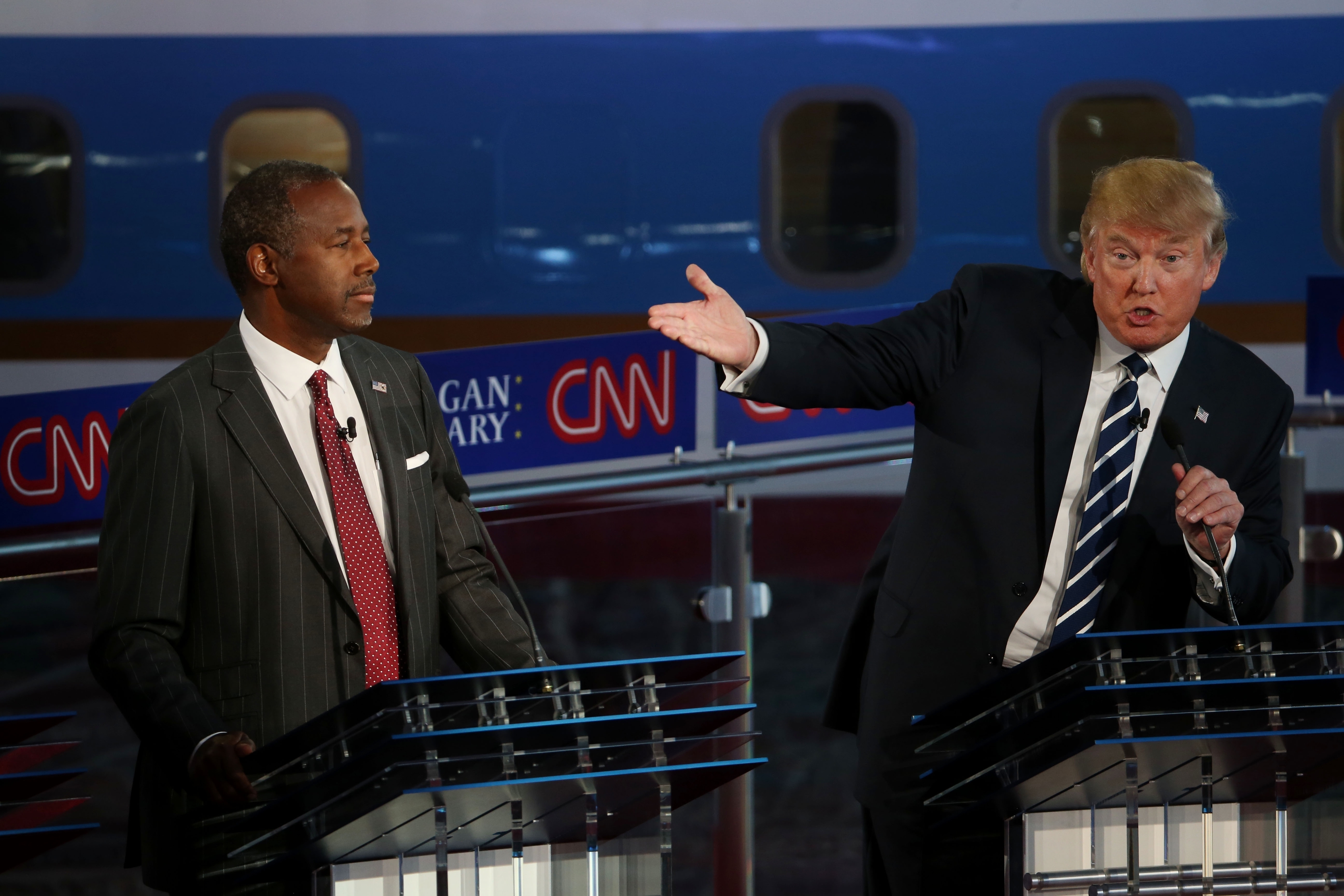 Republican presidential candidates Donald Trump and Ben Carson take part in the presidential debates at the Reagan Library on September 16, 2015 in Simi Valley, California. Fifteen Republican presidential candidates are participating in the second set of Republican presidential debates. 