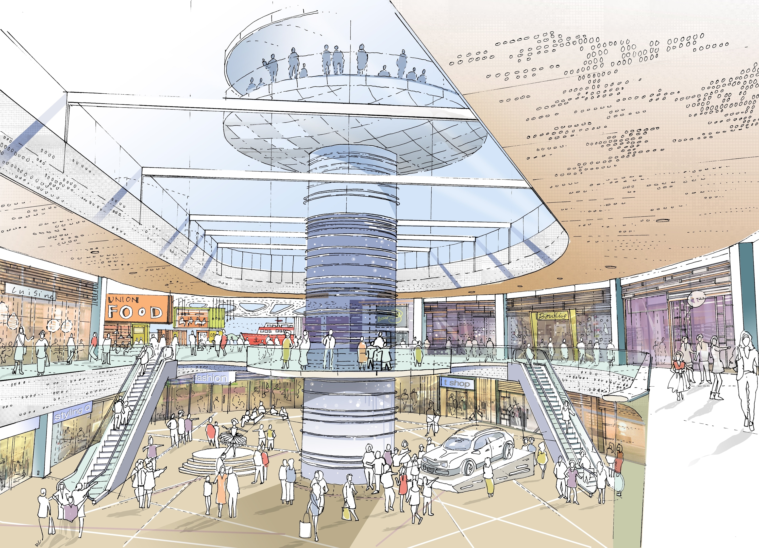 Artist impression of the planned revamp of Aberdeen's Union Square.

This image shows an observation tower