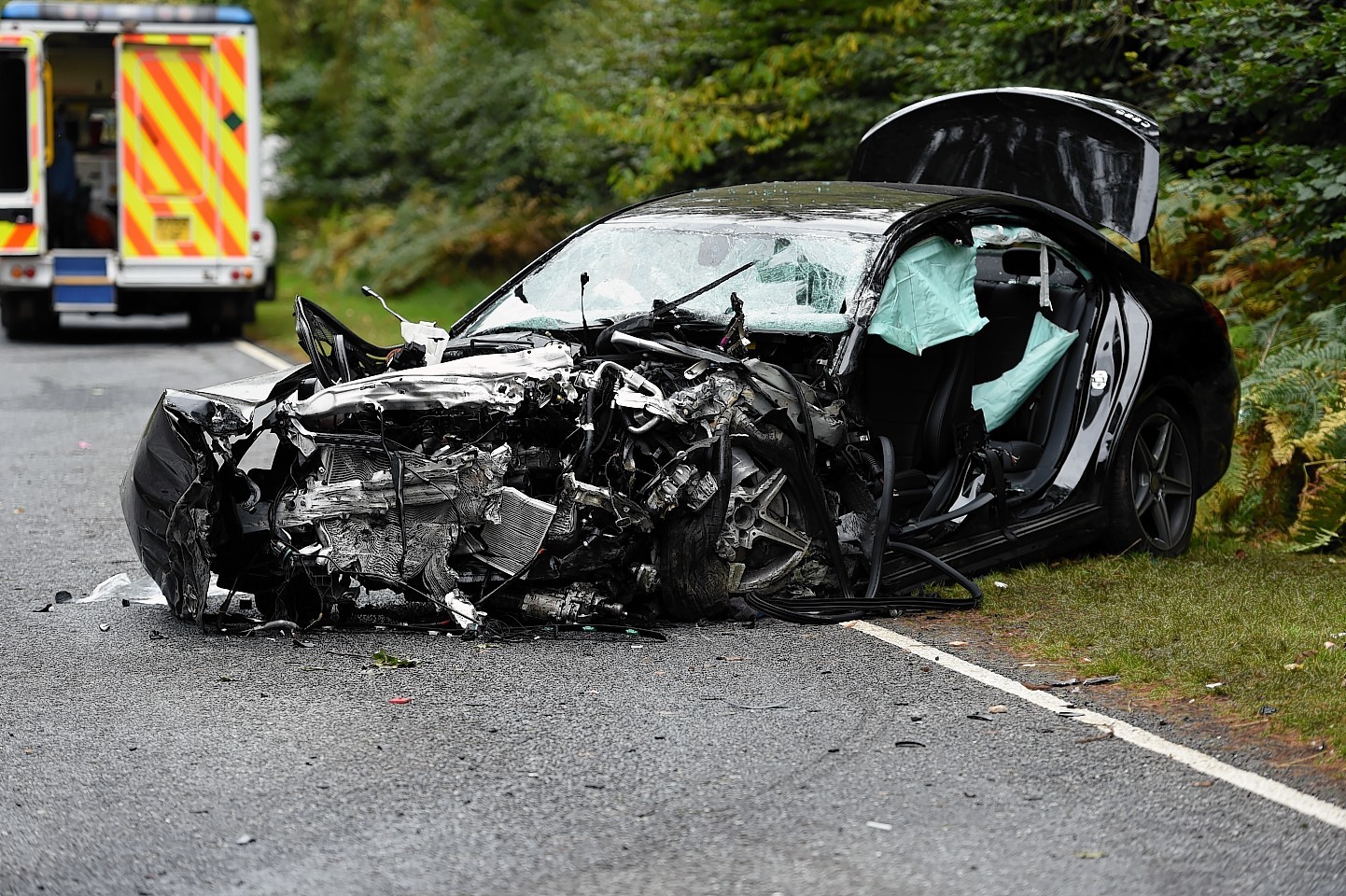 Mercedes involved in a single vehicle accident on the A939 on the outskirts of Grantown on Spey